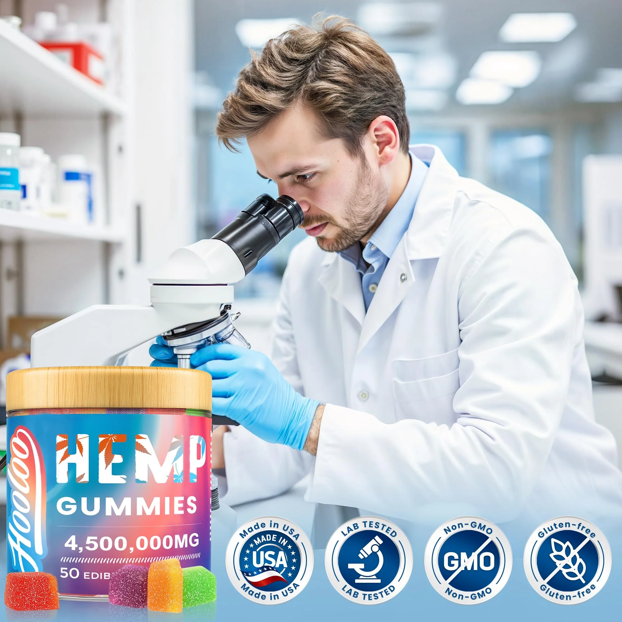 HOOLOO Hemp Gummies Extra Strength for Adults – 6 Flavors, Omega 3, USA Made (Pack of 4) - Image 3