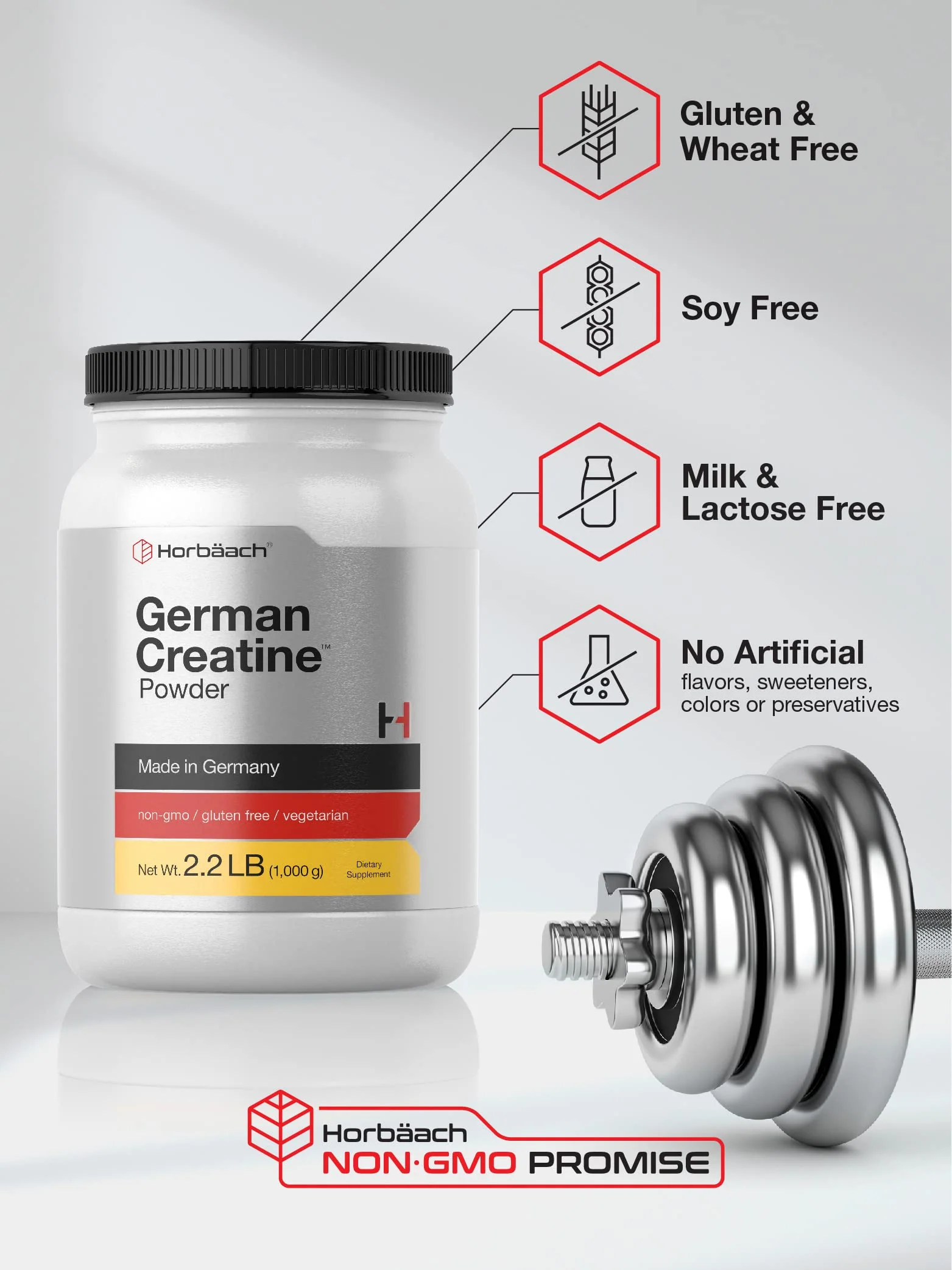Horbäach German Creatine Powder 1000g | Creapure Monohydrate Powder | Vegetarian, Non-GMO, and Gluten Free Supplement | Promotes Strength & Power - Image 2