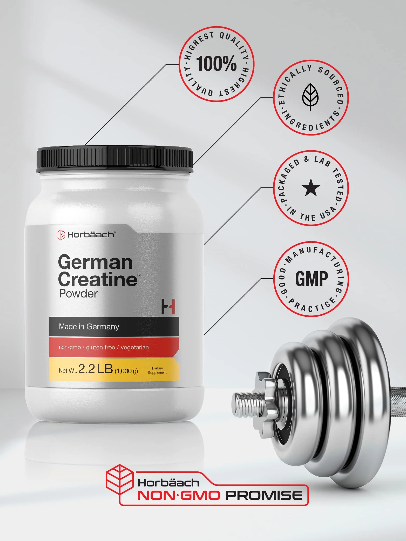 Horbäach German Creatine Powder 1000g | Creapure Monohydrate Powder | Vegetarian, Non-GMO, and Gluten Free Supplement | Promotes Strength & Power - Image 7