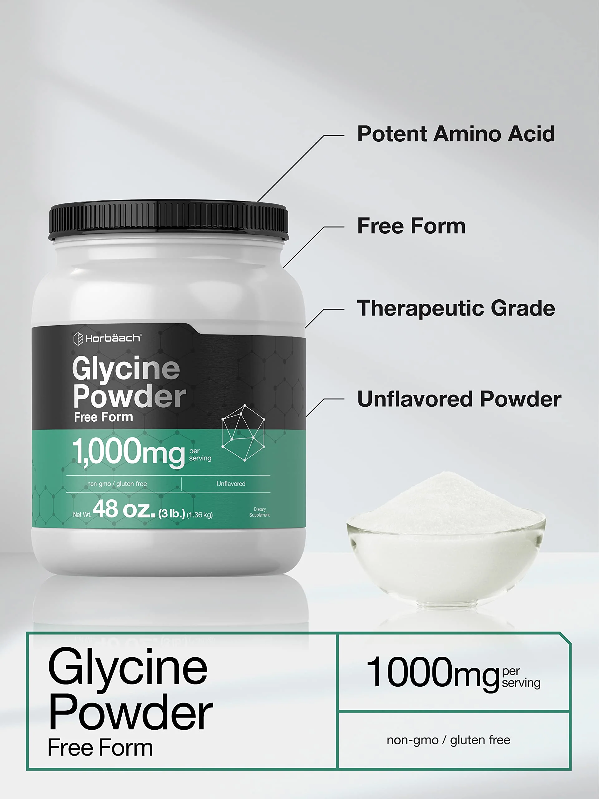 Horbäach Glycine Powder 3 lbs - Free Form, Unflavored, Vegetarian, Non-GMO, Gluten Free - Image 3