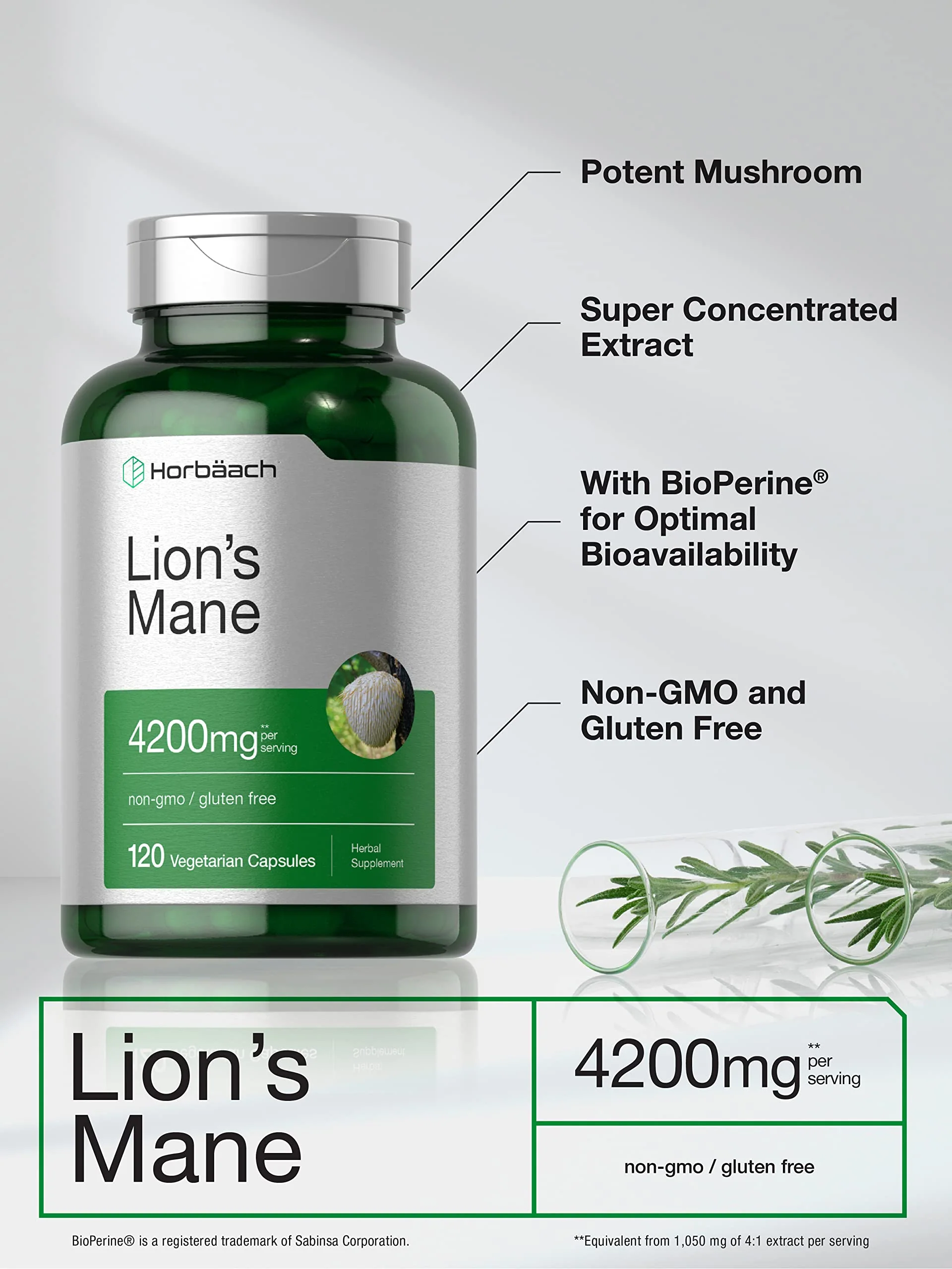 Horbäach Lions Mane Mushroom Extract 4200mg | 120 Veg Capsules | Pack of 2 - Image 4