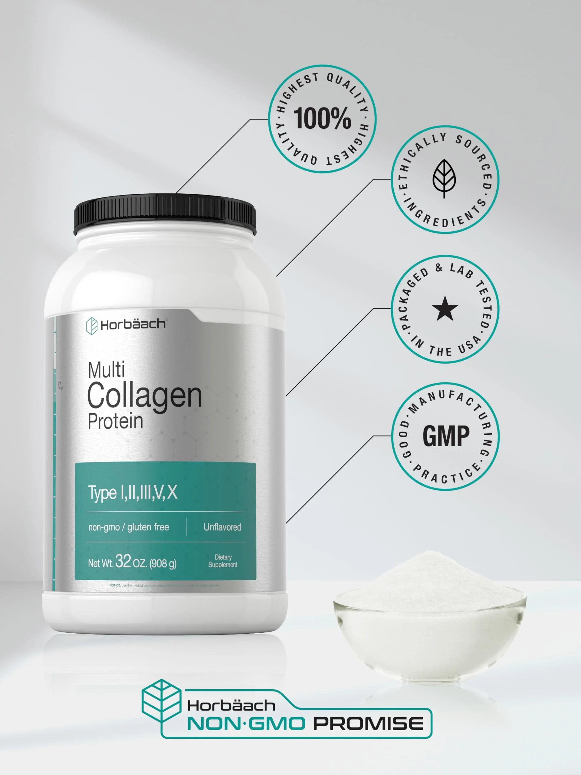 Horbaach Multi Collagen Protein Powder 32 oz | Types I-V-X, Unflavored, Gluten Free - Image 6