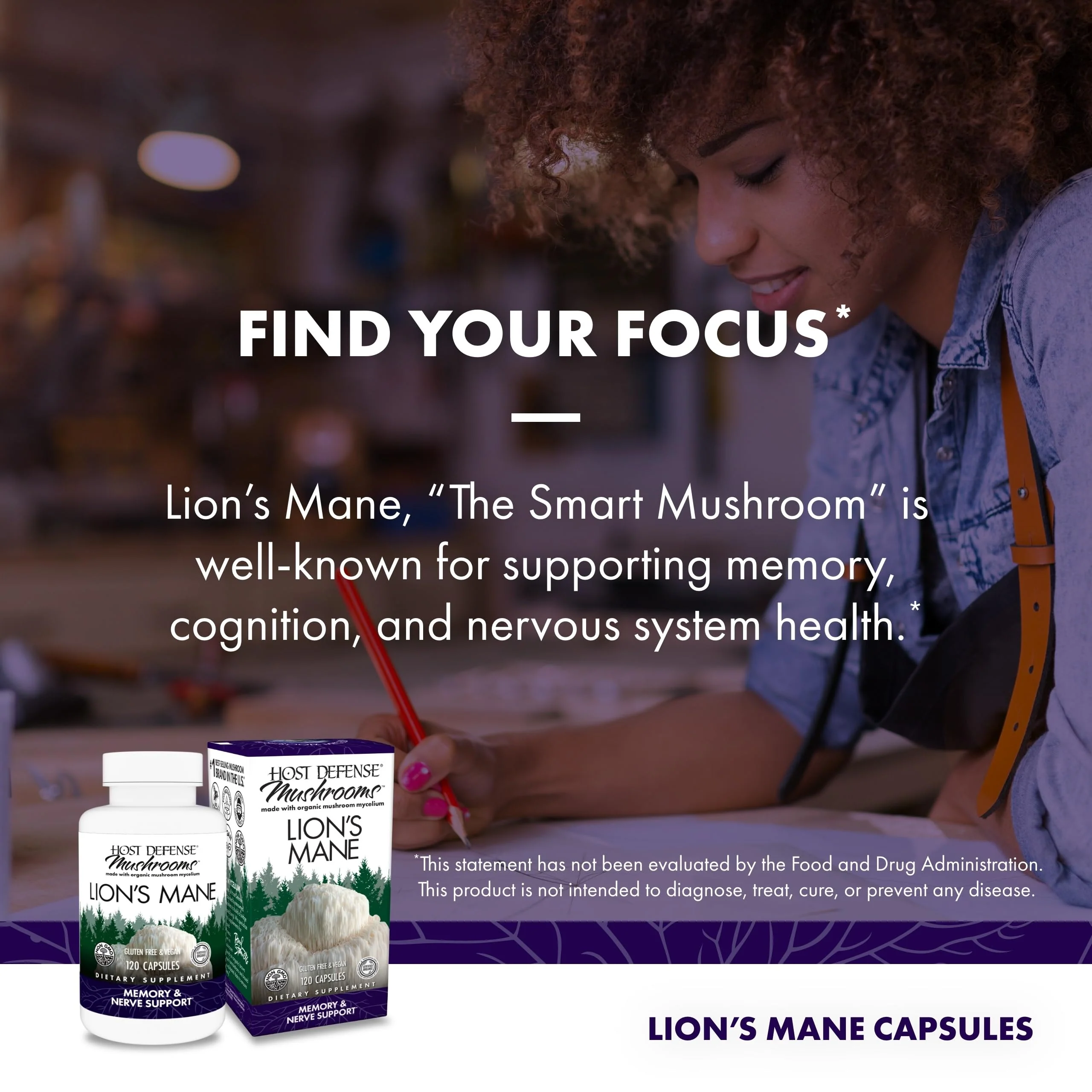 Host Defense Mushrooms Lion's Mane – Brain Health, Focus & Memory (120 Capsules) - Image 5