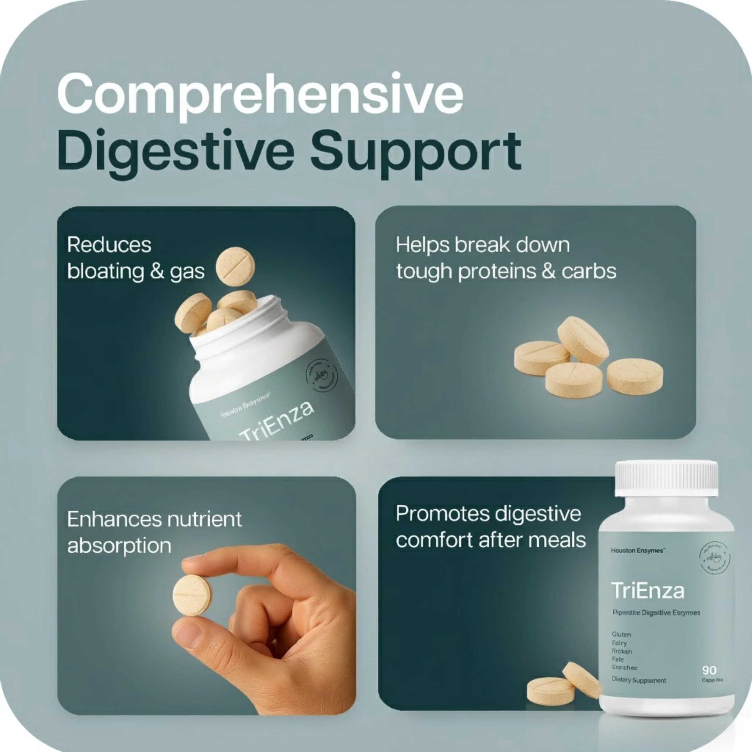 Houston Enzymes TriEnza - Digestive Enzyme Supplement for Gluten, Casein, Soy, Carbs & Fats | 180 Chewable Tablets - Image 7