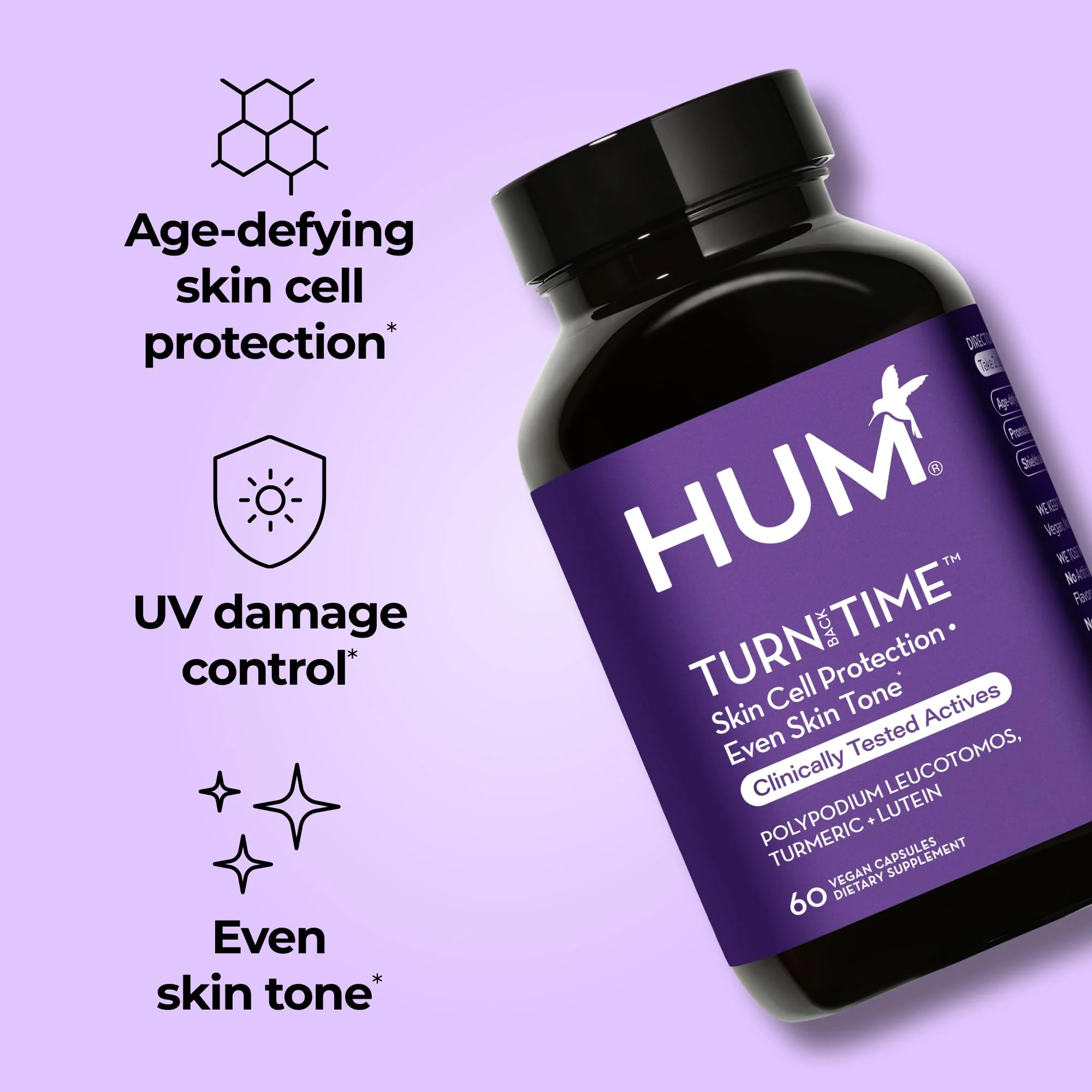 HUM Turn Back Time Turmeric Supplement for Youthful Skin | Green Tea Extract, Lutein & Polyphenols | 60 Vegan Capsules - Image 3