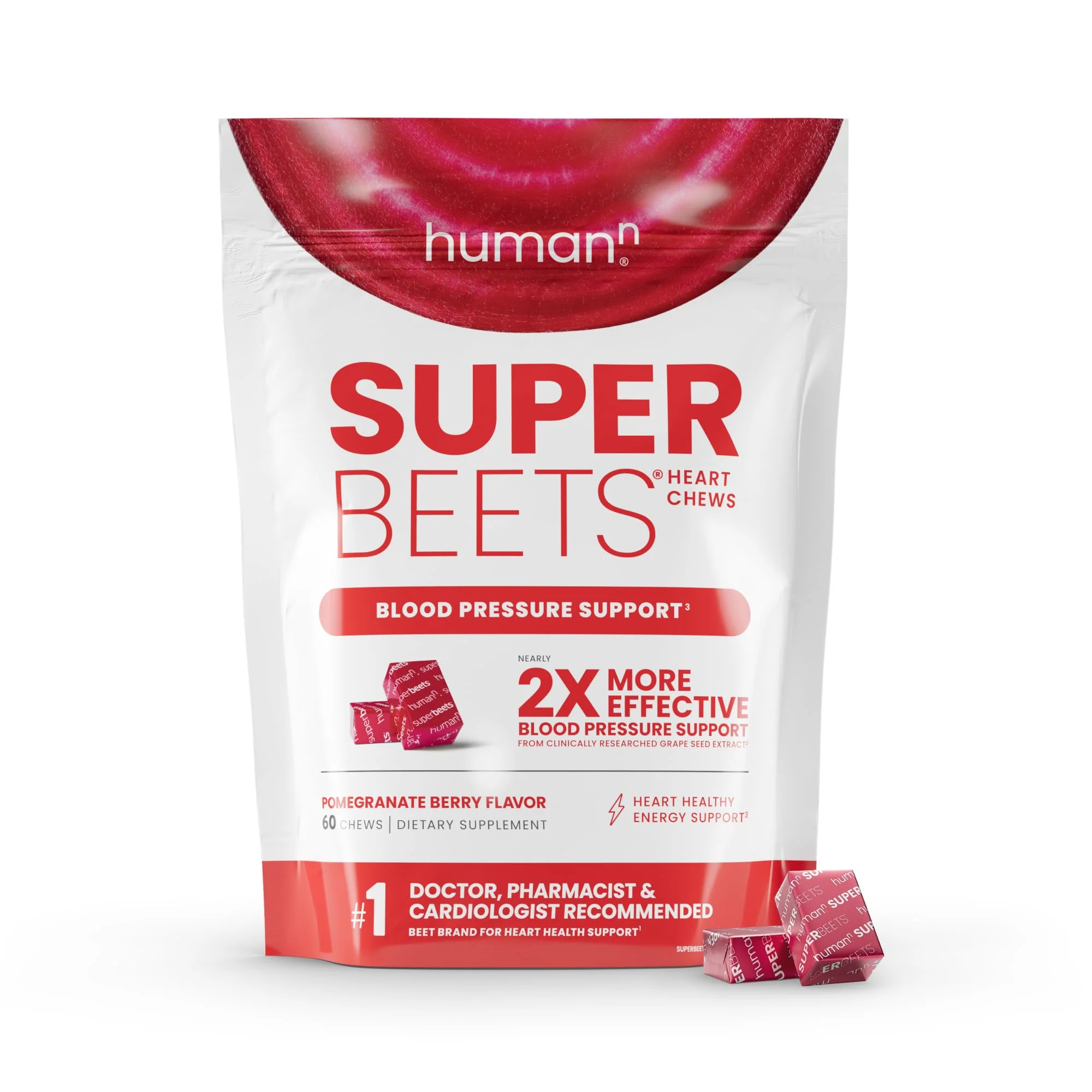 Humann SuperBeets Heart Chews – Nitric Oxide & Blood Pressure Support, Pomegranate Berry Flavor, 60 Count
