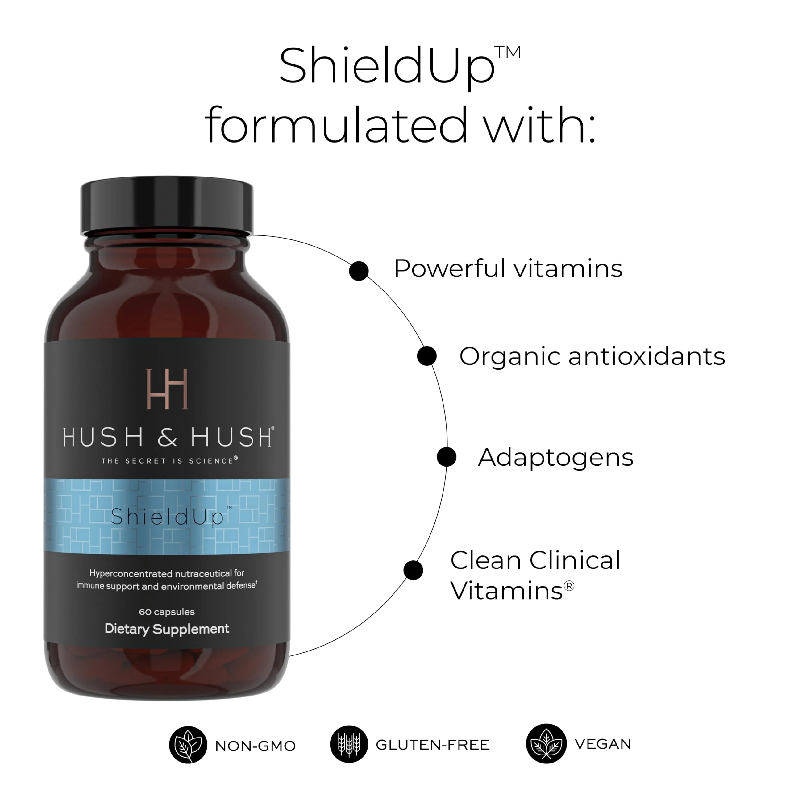 Hush & Hush ShieldUp – Immune Booster Energy Supplement | Vitamin C, Matcha, Maca & Turmeric | 60 Capsules | Vegan & Gluten Free - Image 2