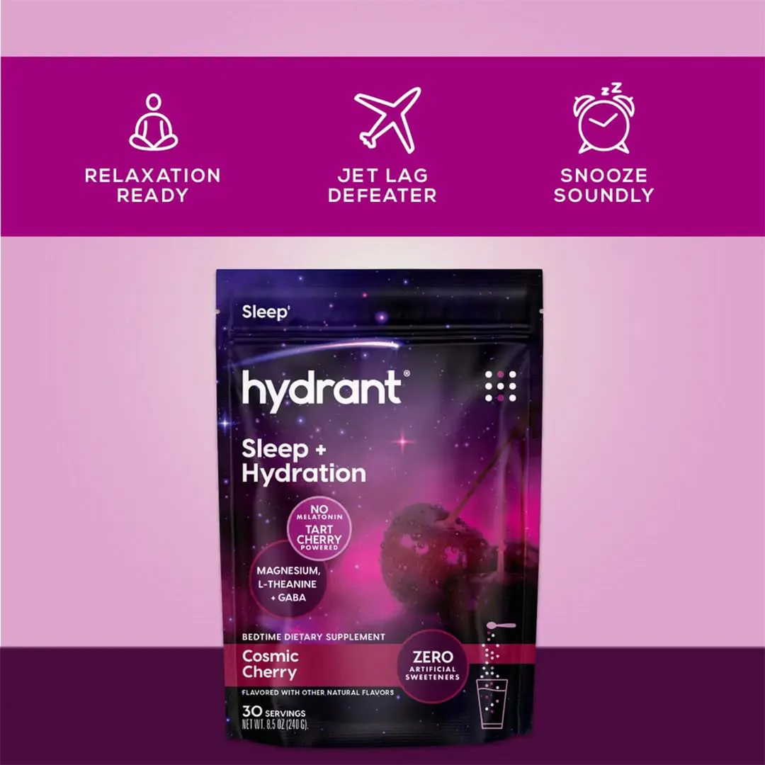 Hydrant Melatonin Free Sleep Aid Powder – Tart Cherry, Magnesium, L-Theanine & GABA | Cosmic Cherry, 30 Pack - Image 6