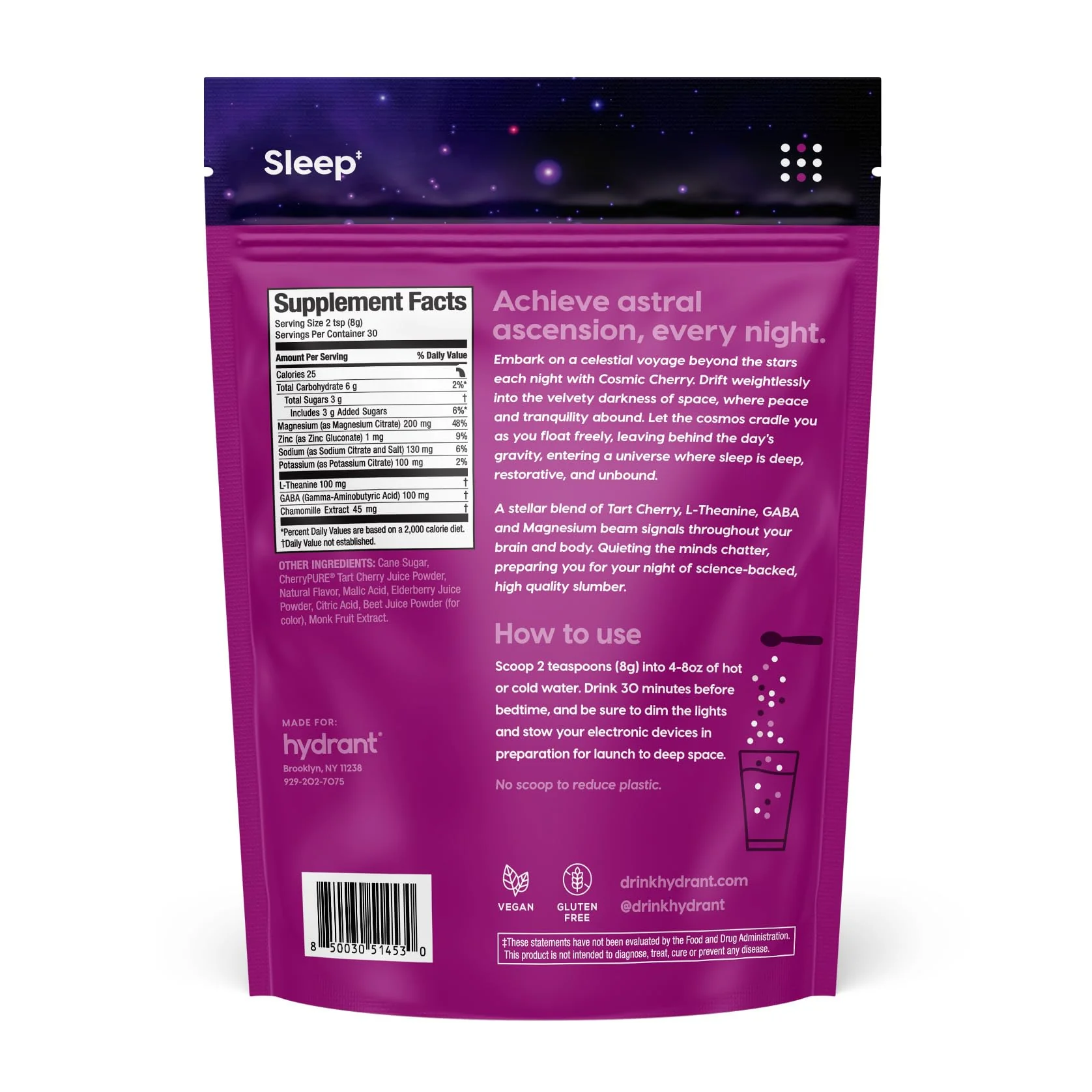 Hydrant Melatonin Free Sleep Aid Powder – Tart Cherry, Magnesium, L-Theanine & GABA | Cosmic Cherry, 30 Pack - Image 7