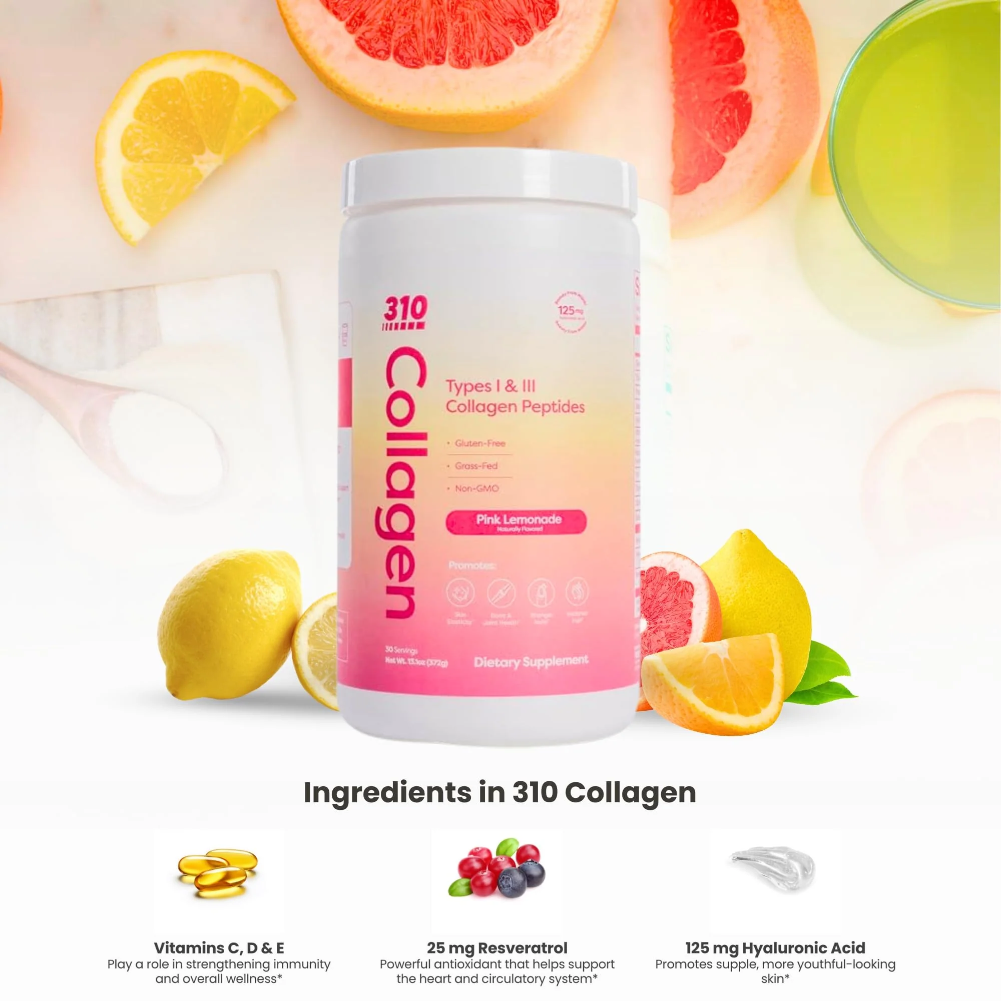 Hydrolyzed Collagen Peptides Powder – Grass-Fed with Vitamins C/D/E, Hyaluronic Acid & Resveratrol | Pink Lemonade 30 Servings - Image 3