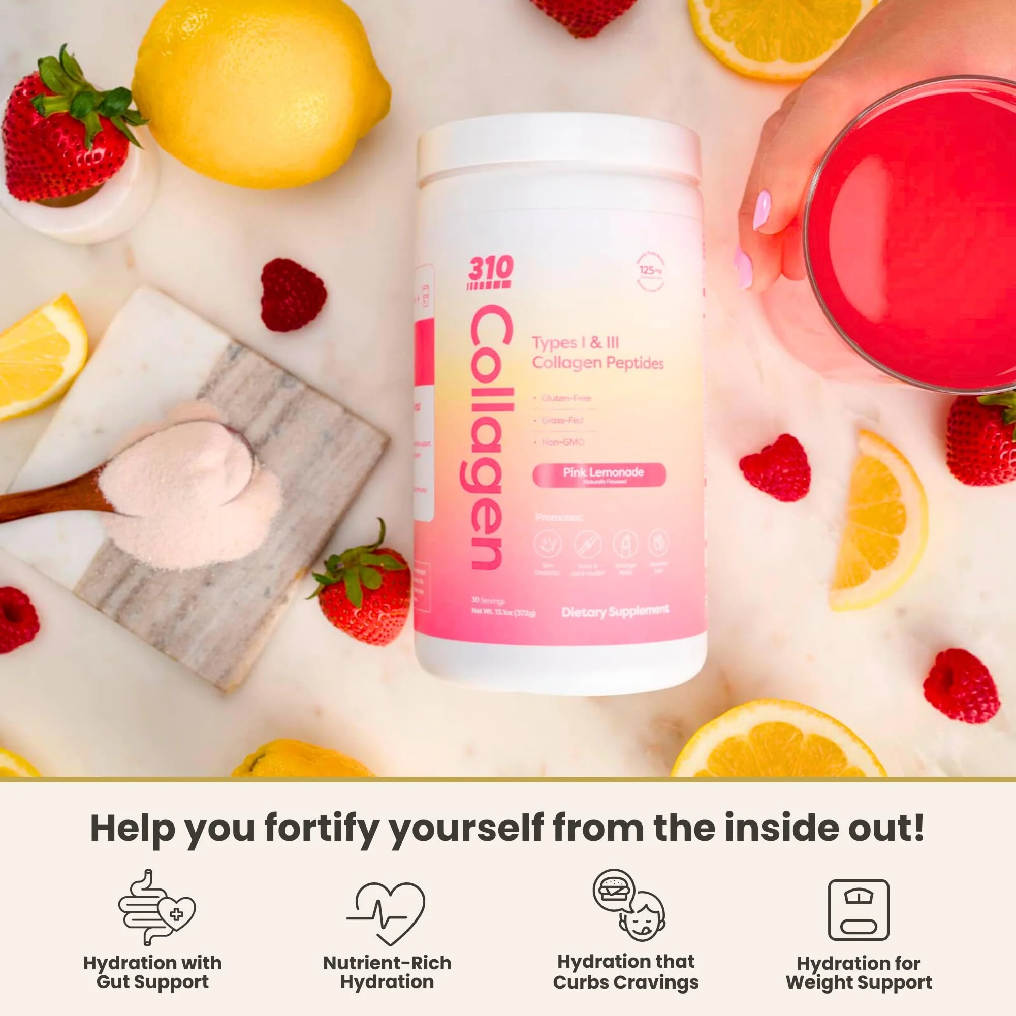 Hydrolyzed Collagen Peptides Powder – Grass-Fed with Vitamins C/D/E, Hyaluronic Acid & Resveratrol | Pink Lemonade 30 Servings - Image 5