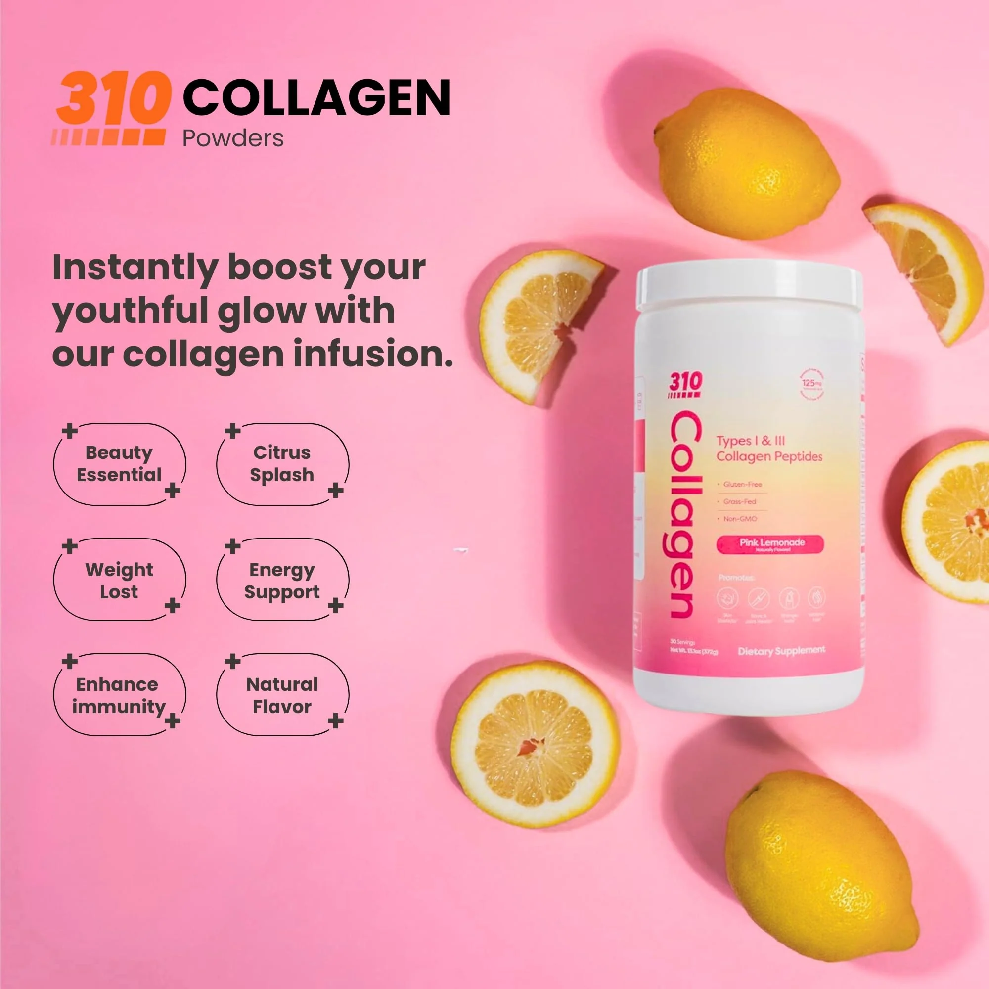 Hydrolyzed Collagen Peptides Powder – Grass-Fed with Vitamins C/D/E, Hyaluronic Acid & Resveratrol | Pink Lemonade 30 Servings - Image 9