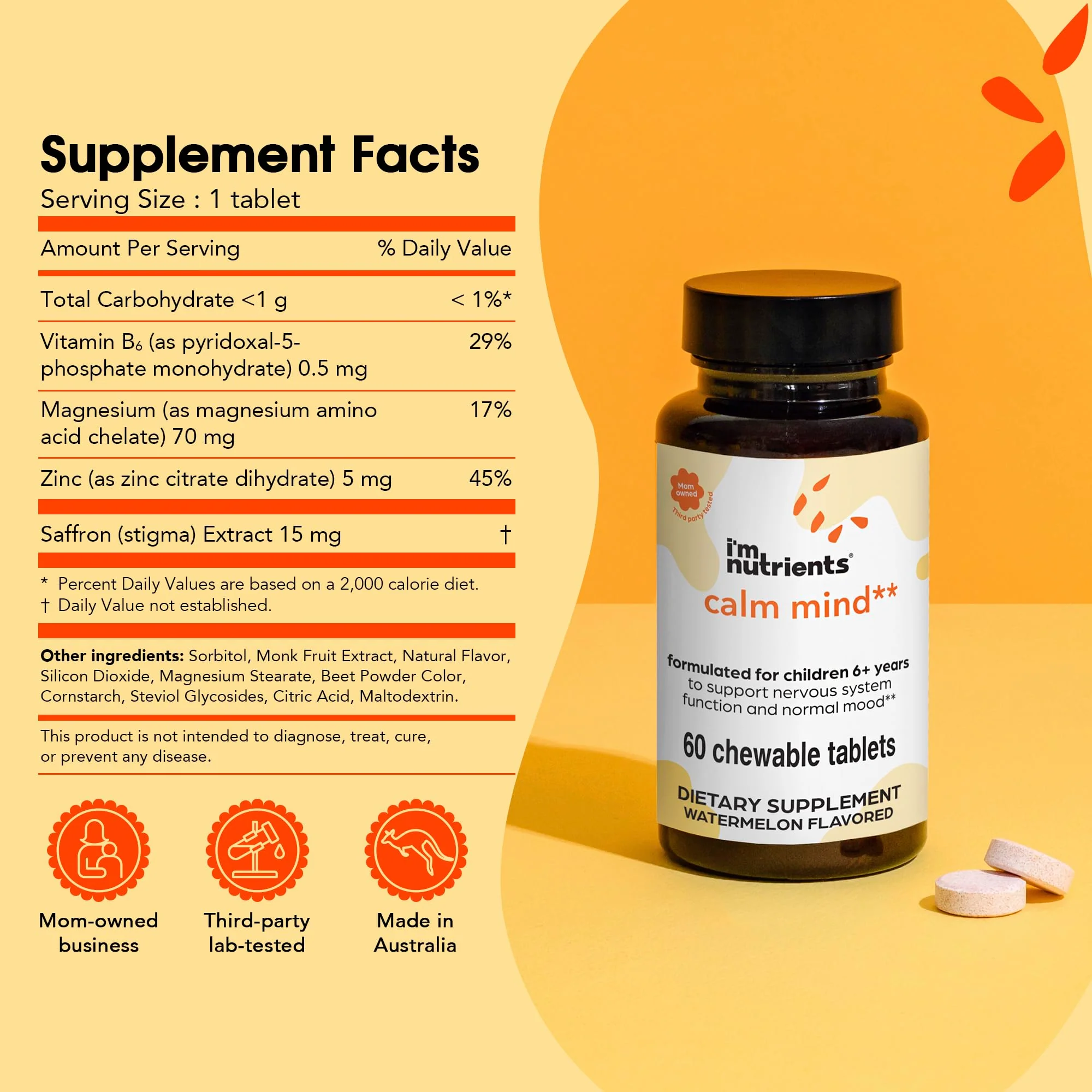I'm Nutrients Calm Mind for Kids — Saffron, Zinc, Magnesium & Vitamin B6 | 60 Chewable Tablets - Image 2
