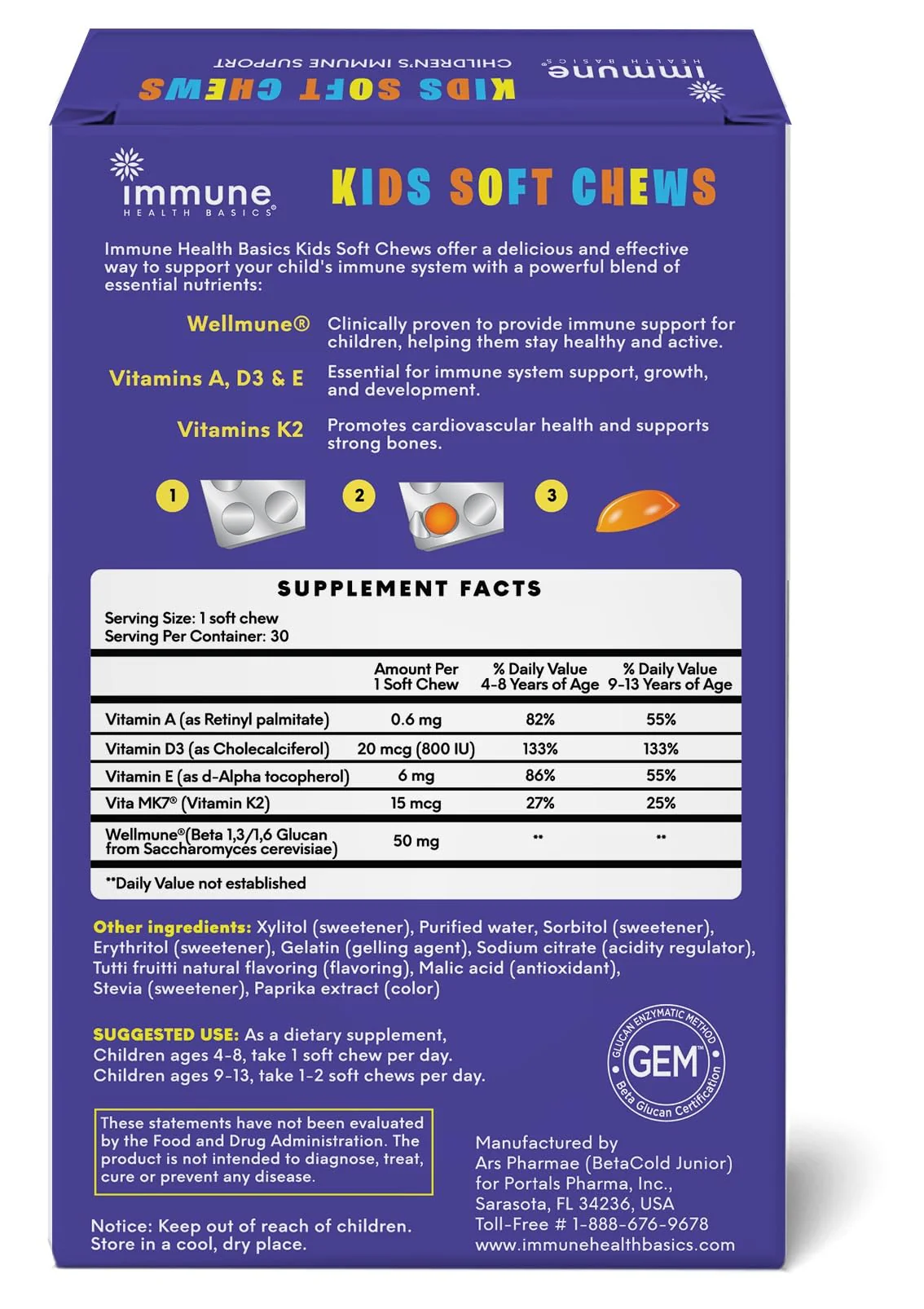 Immune Health Basics Kids Soft Chews with Wellmune® | Natural Beta Glucan Supplement for Immune Support & Daily Wellness | Allergen-Free & No Added Sugar | Tutti-Frutti Flavor, 30 Soft Chews - Image 2