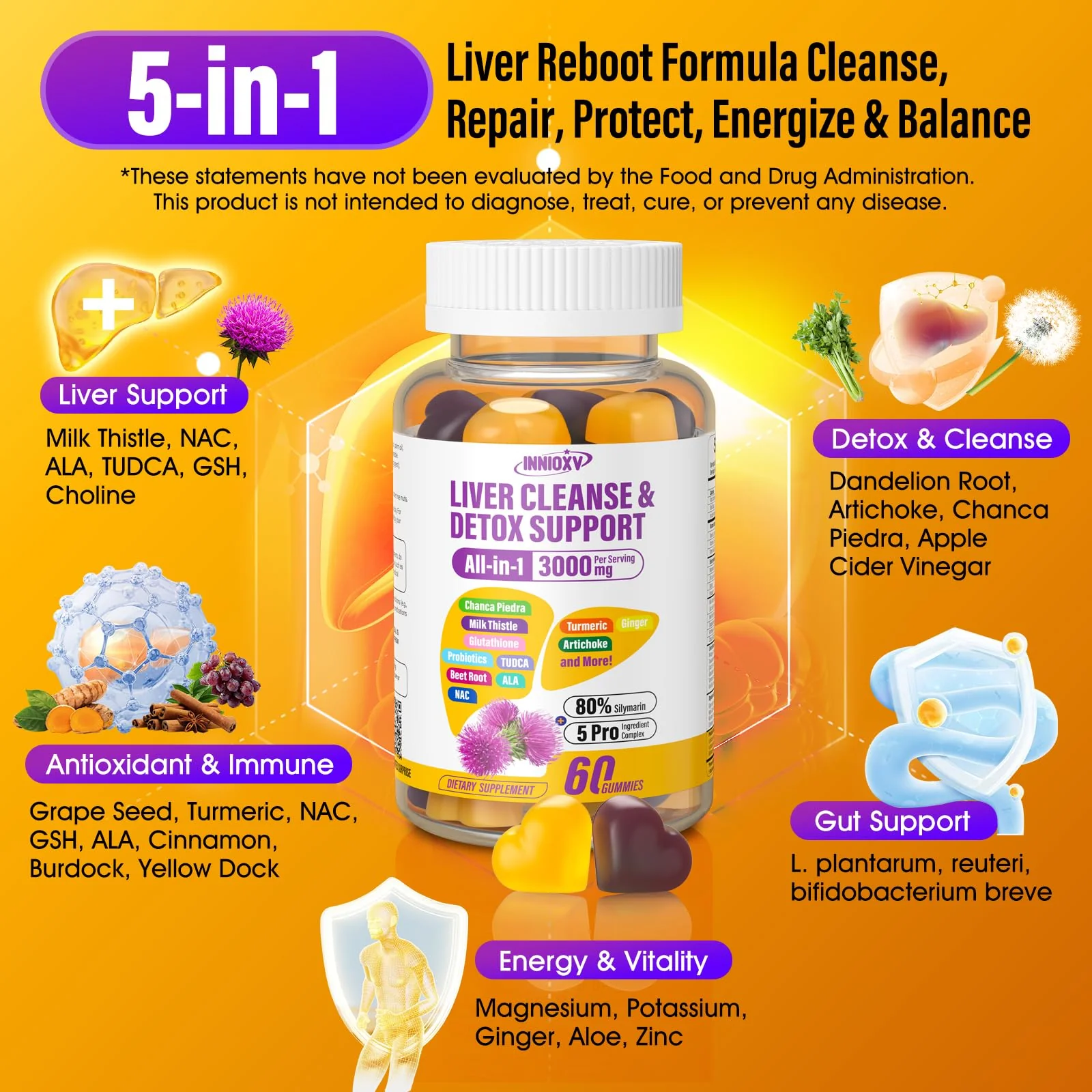 INNIOXV Liver Cleanse Detox Gummies - 29-in-1 Milk Thistle 1500mg, Vegan NAC TUDCA | 60 ct - Image 3