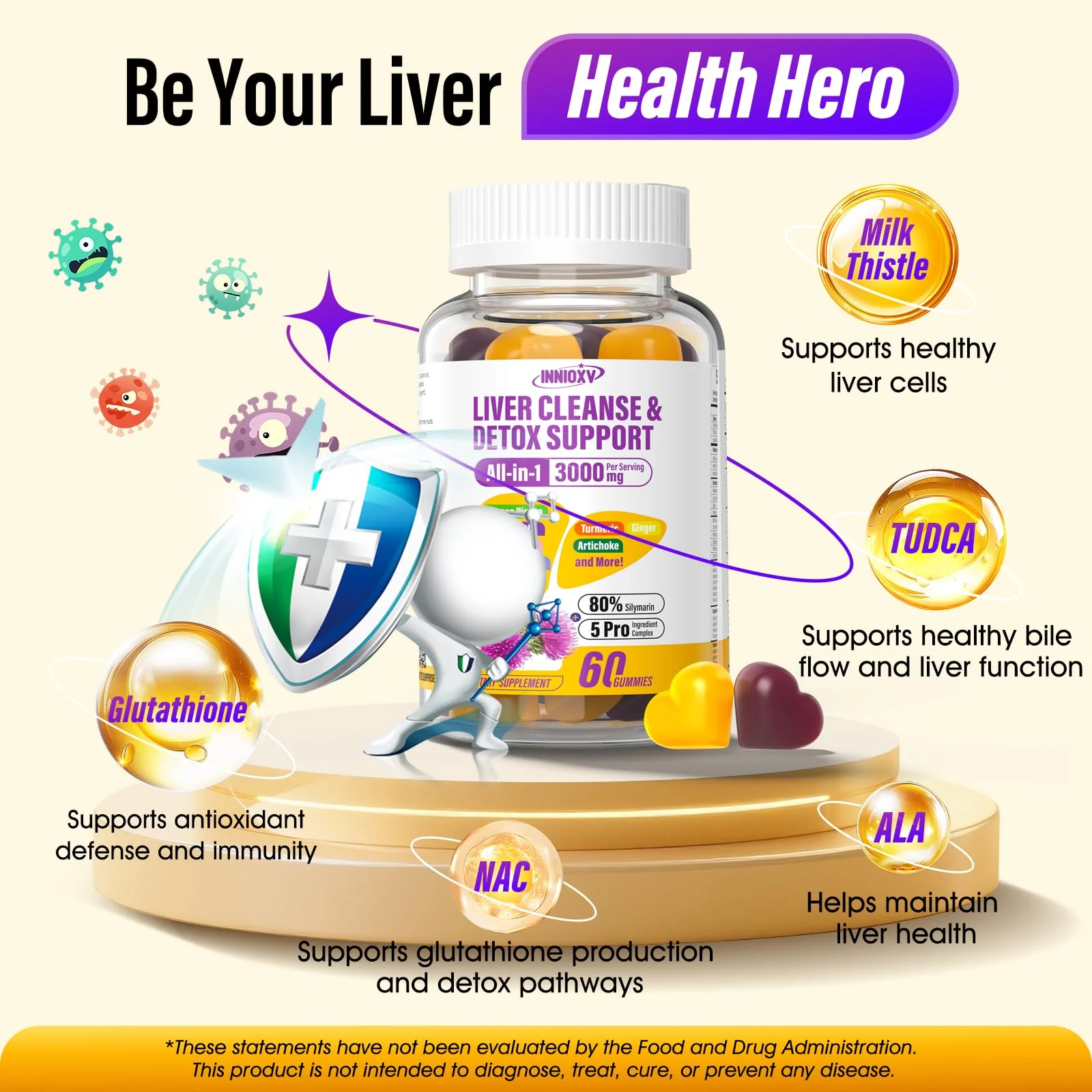 INNIOXV Liver Cleanse Detox Gummies - 29-in-1 Milk Thistle 1500mg, Vegan NAC TUDCA | 60 ct - Image 6