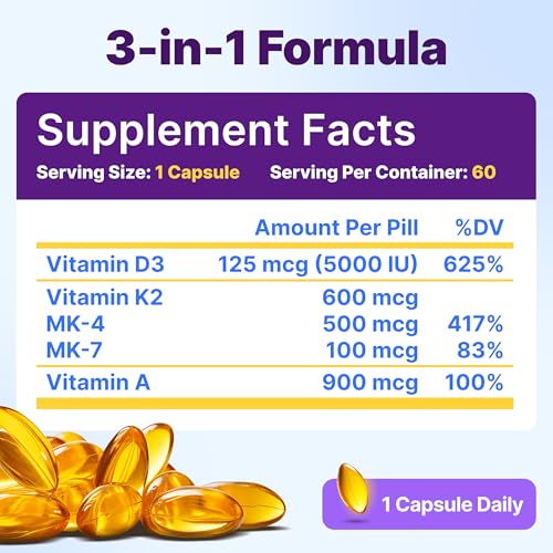 InnovixLabs Vitamin D3 K2 5000 IU + 600 mcg K2 MK4/MK7 - 60 Softgels - Image 3