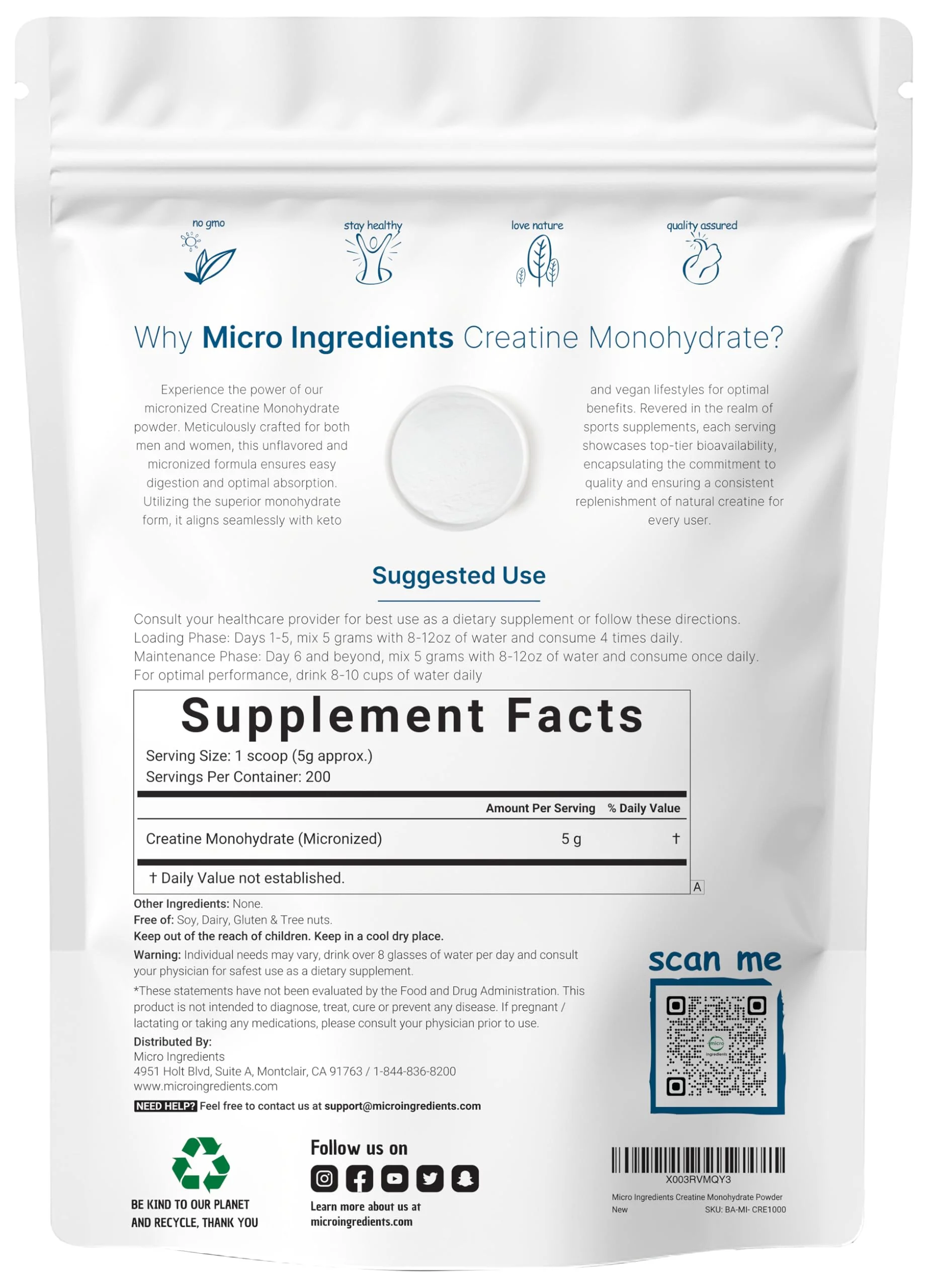 Instant Creatine Monohydrate Powder 1 kg – 5000 mg/serving, Unflavored, Pure - Image 2