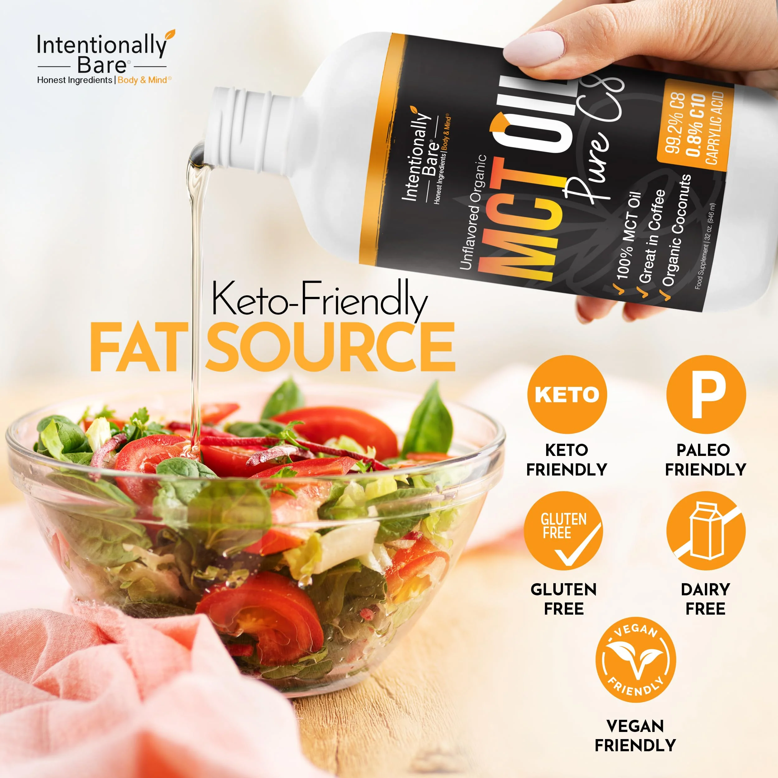 Intentionally Bare Pure C8 MCT Oil Organic – Brain Octane MCT Oil for Keto, Vegan & Paleo Diets – Unflavored 32oz - Image 4