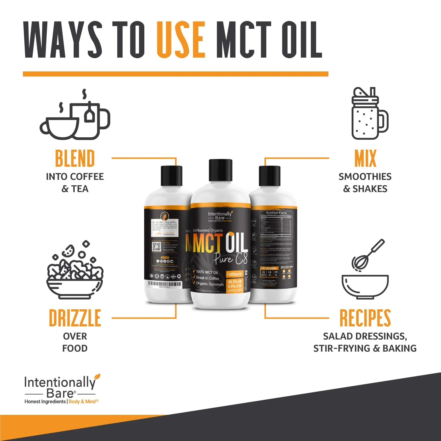 Intentionally Bare Pure C8 MCT Oil Organic – Brain Octane MCT Oil for Keto, Vegan & Paleo Diets – Unflavored 32oz - Image 6