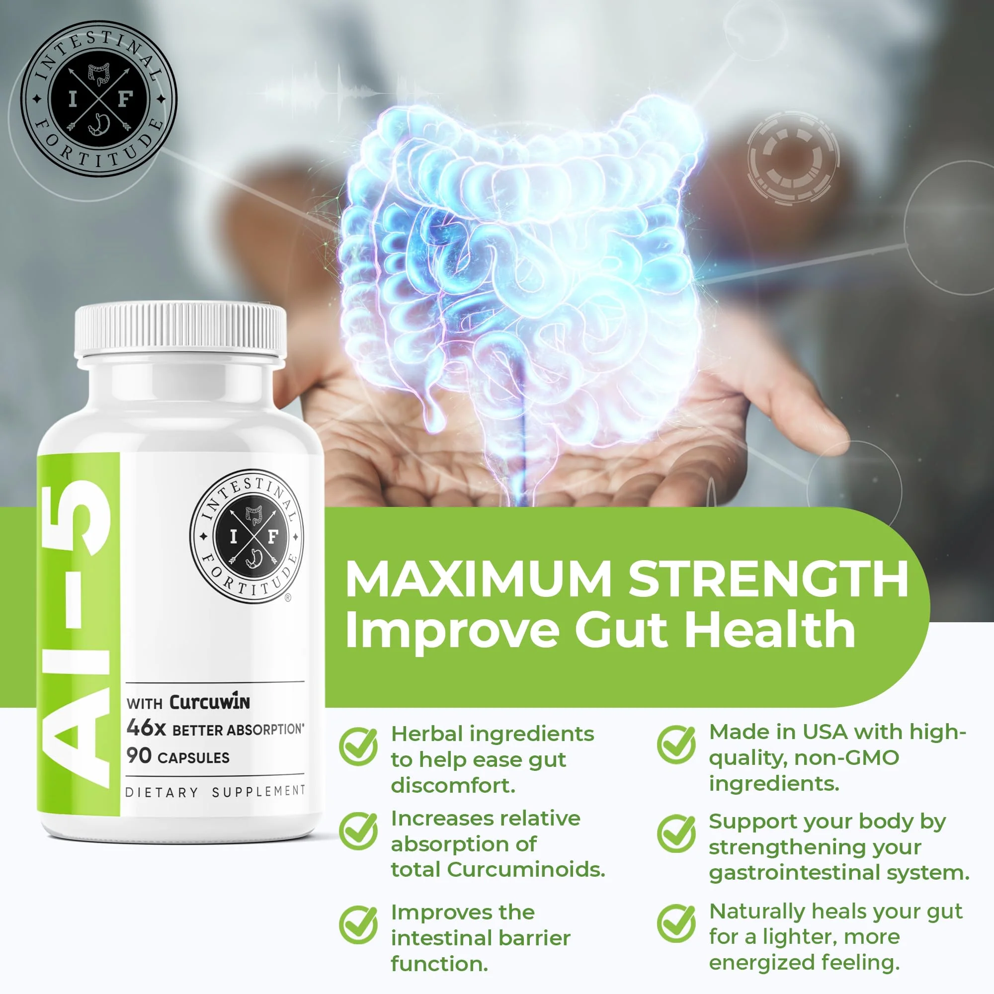 Intestinal Fortitude AI-5 Digestive Capsule with CurcuWIN, Turmeric & Ginger – Gut Support (Non-GMO, Dairy Free) - Image 3