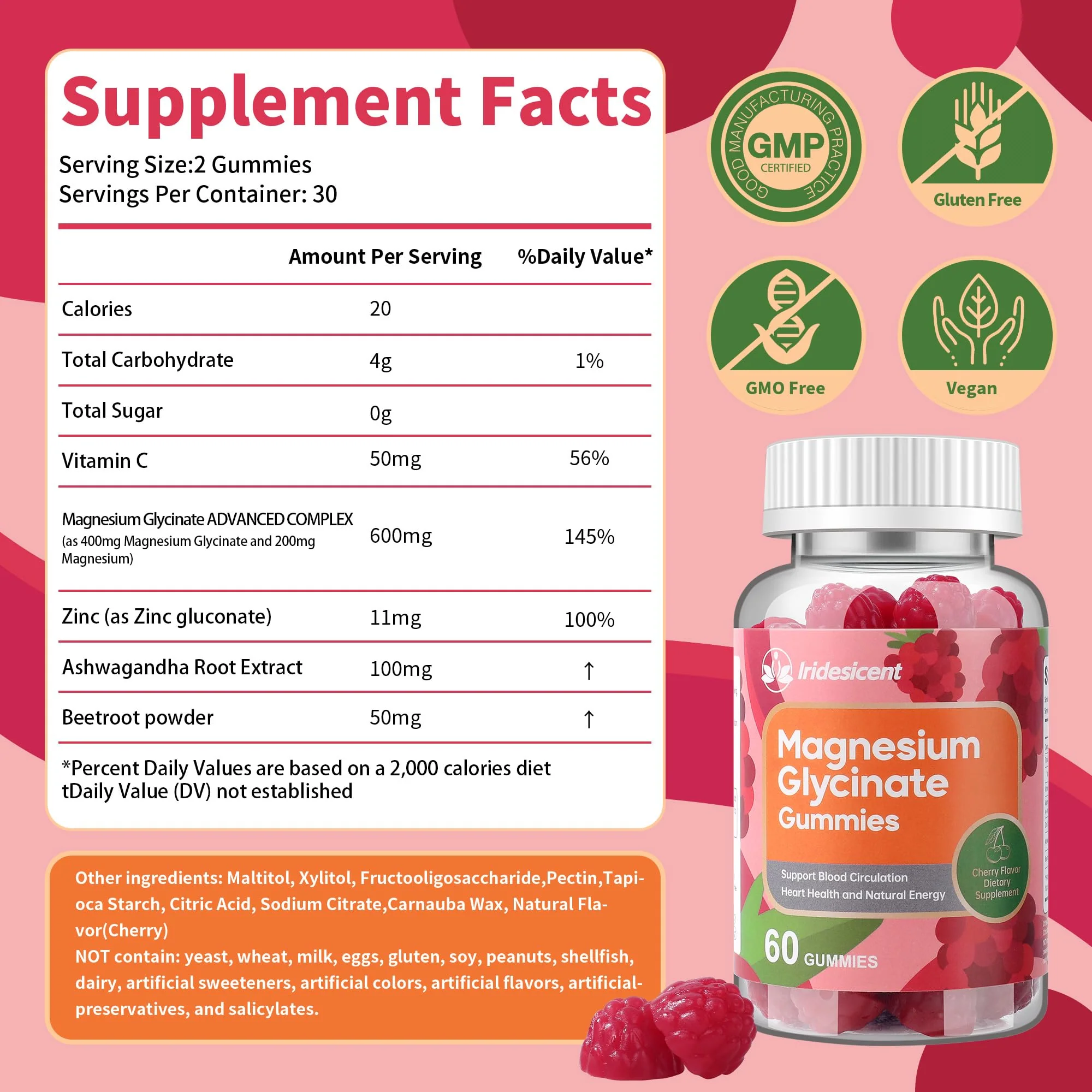 IRIDESICENT Magnesium Glycinate Gummies 400mg – Sugar-Free Cherry, Ashwagandha, Zinc, Vegan (120 Gummies) - Image 2