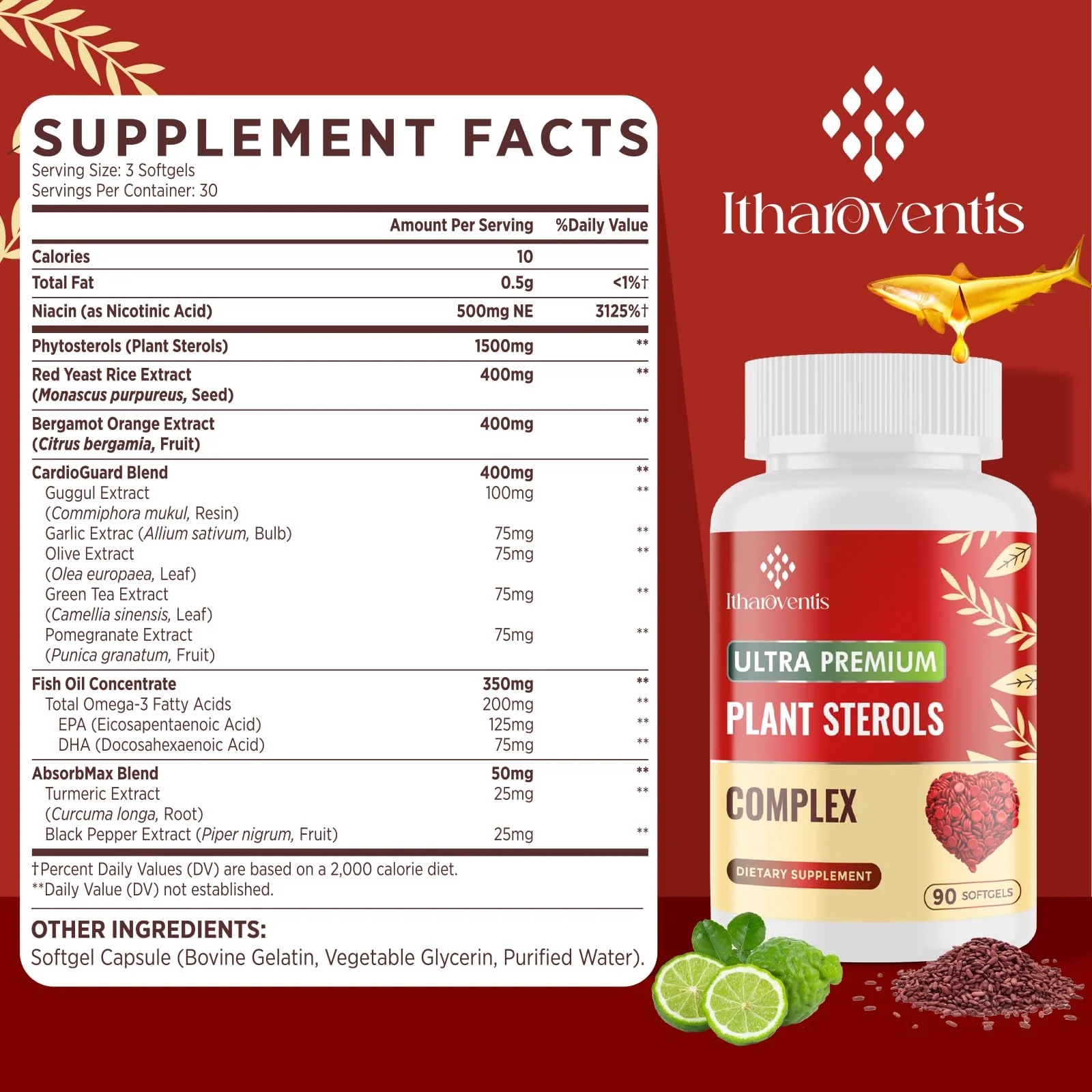 Itharoventis Cholesterol Supplements with Plant Sterols, Niacin, Red Yeast Rice, Bergamot, Omega-3 & Garlic – Advanced Absorption Formula – 180 Softgels - Image 14