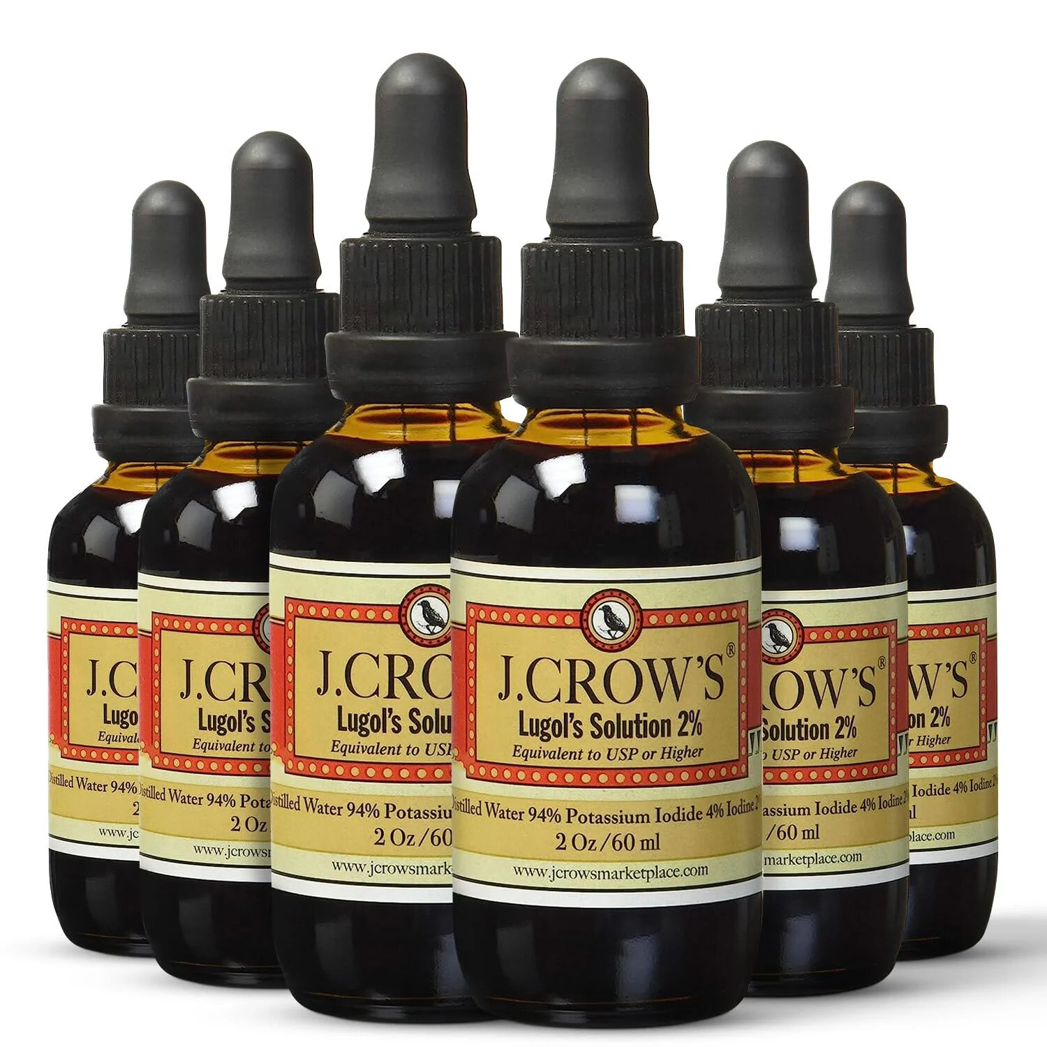 J.CROW'S Lugol's 2% Iodine Solution – 2 oz Bottle (6-Pack) – Gluten-Free, Alcohol-Free, No Expiration