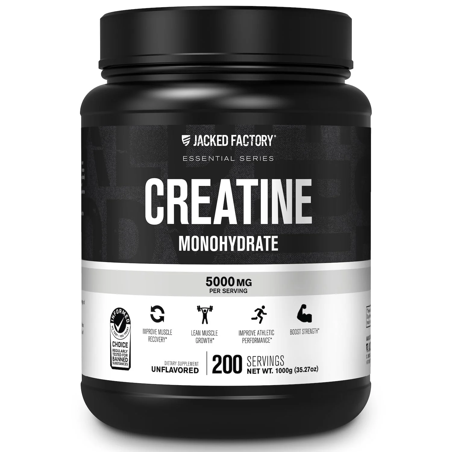 Jacked Factory Creatine Monohydrate Powder 1000g - 200 Servings, Unflavored, Vegan, Third-Party Tested