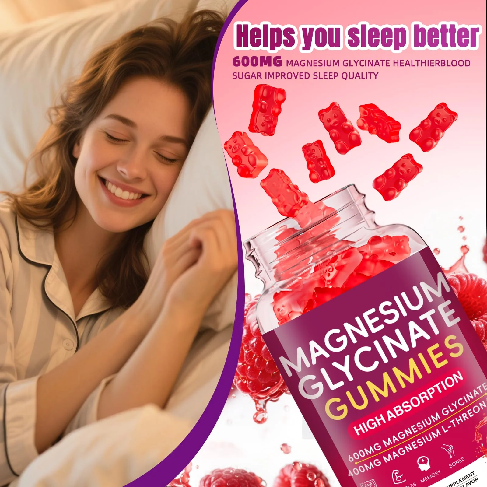 JAENFW Magnesium Glycinate Gummies 600mg – High Absorption, Raspberry, Sugar Free (60 ct) - Image 12