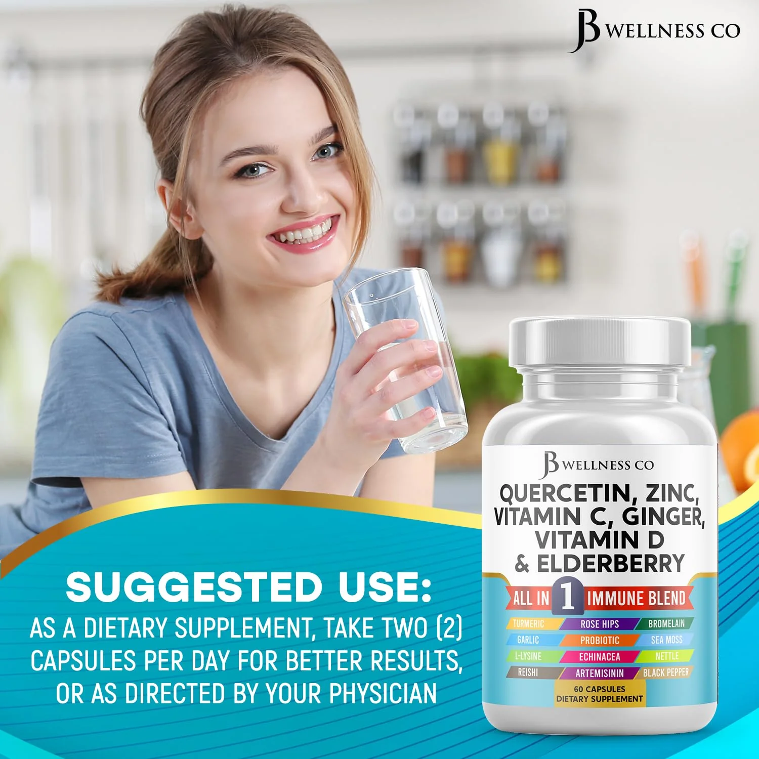 JB Wellness Co Immune Support: Quercetin, Zinc, Vitamin C & D + Bromelain (180 Count) - Image 3