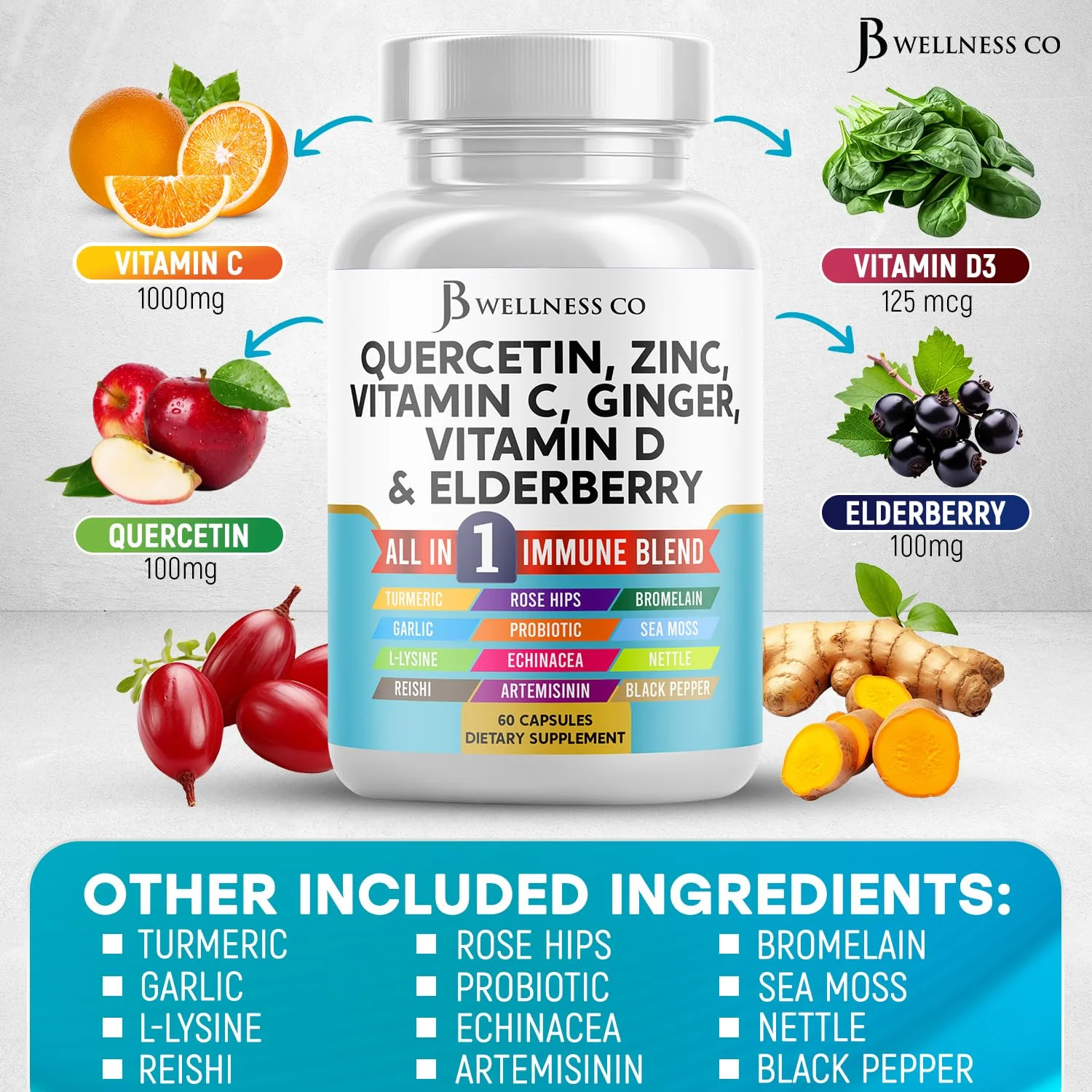 JB Wellness Co Immune Support: Quercetin, Zinc, Vitamin C & D + Bromelain (180 Count) - Image 6