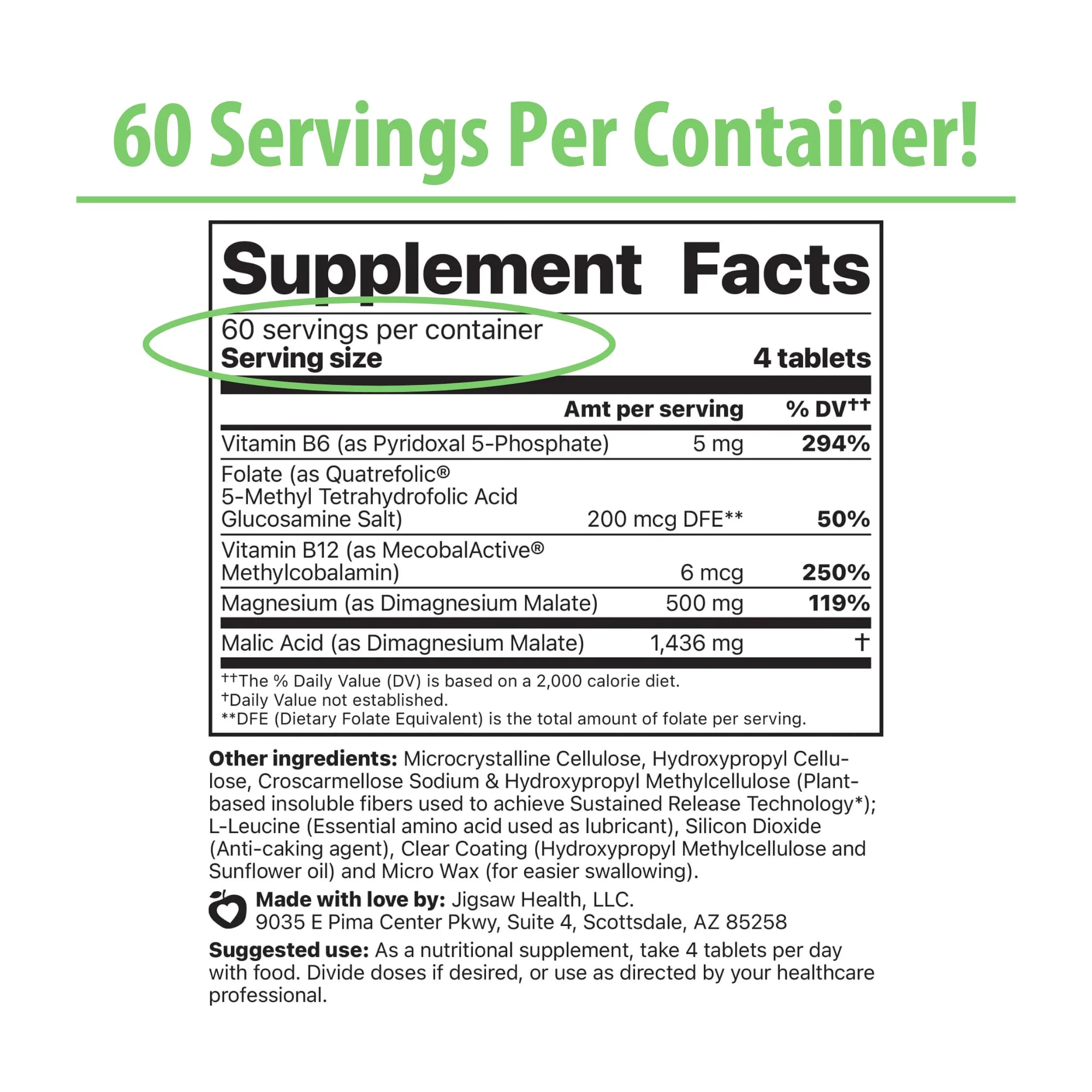 Jigsaw Health MagSRT Magnesium + B6, Folate & B12 | Timed-Release Mineral Supplement | 240 Tablets | 60 Servings - Image 2