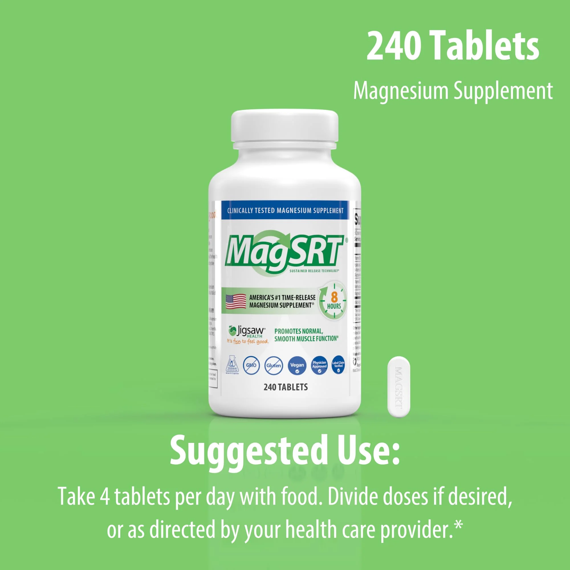 Jigsaw Health MagSRT Magnesium + B6, Folate & B12 | Timed-Release Mineral Supplement | 240 Tablets | 60 Servings - Image 8