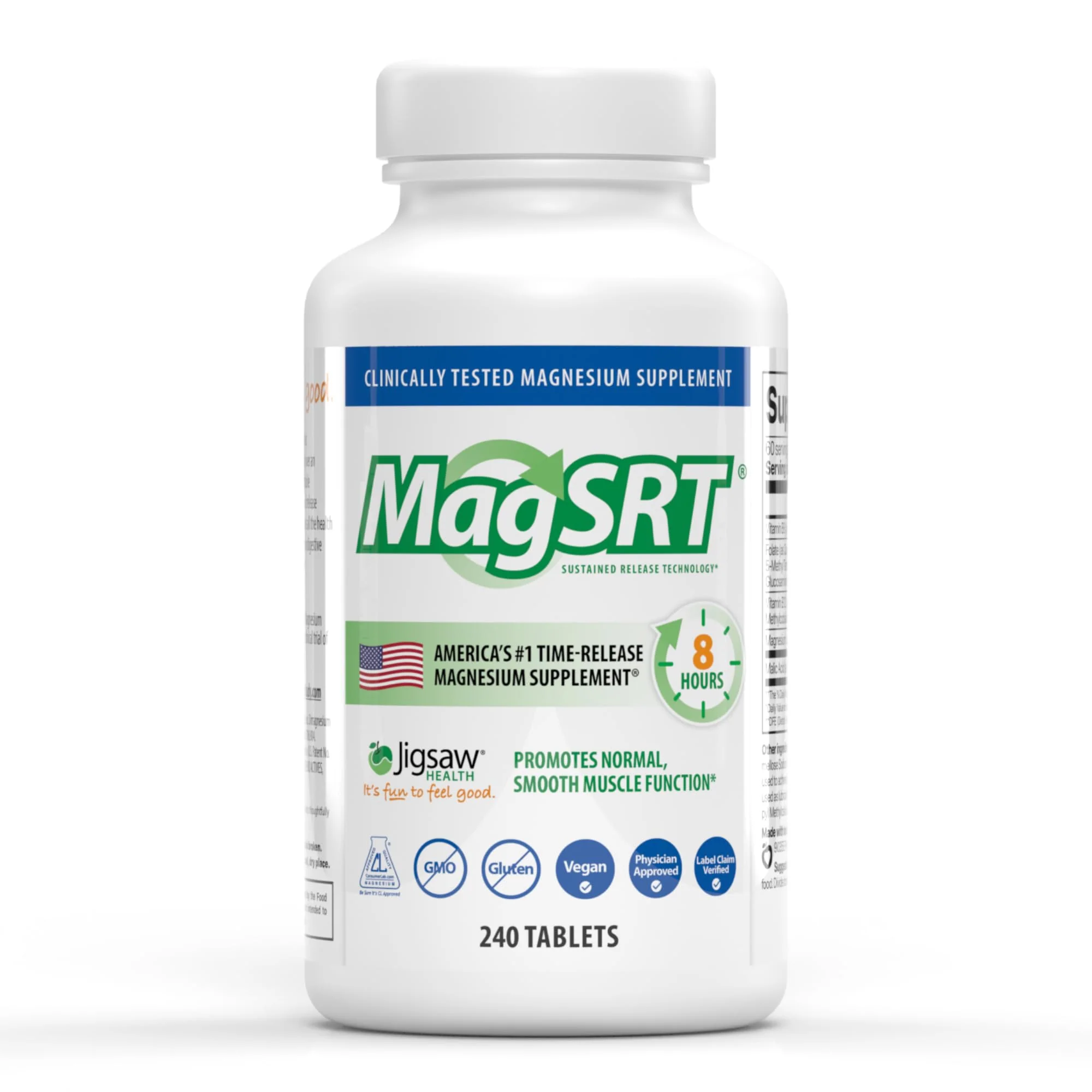 Jigsaw Health MagSRT Magnesium + B6, Folate & B12 | Timed-Release Mineral Supplement | 240 Tablets | 60 Servings - Image 9
