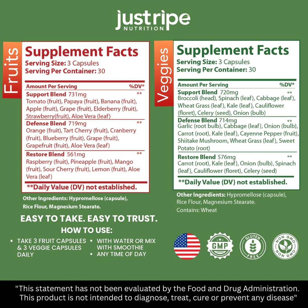 Just Ripe Nutrition Fruits & Veggies Supplement - 2 Pack (90 Fruit + 90 Vegetable Capsules) | Whole Food Superfood - Image 11