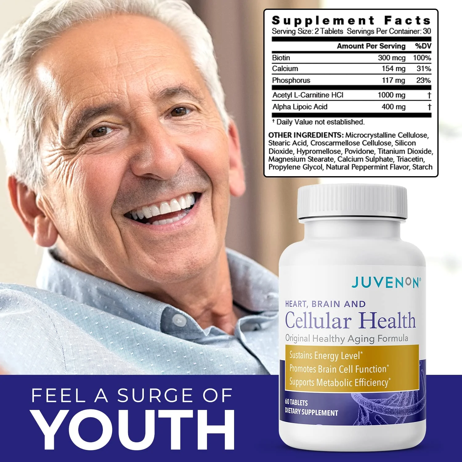 Juvenon Cellular Health – Brain & Heart Supplement with Acetyl L-Carnitine & Biotin (60 Tablets) - Image 6