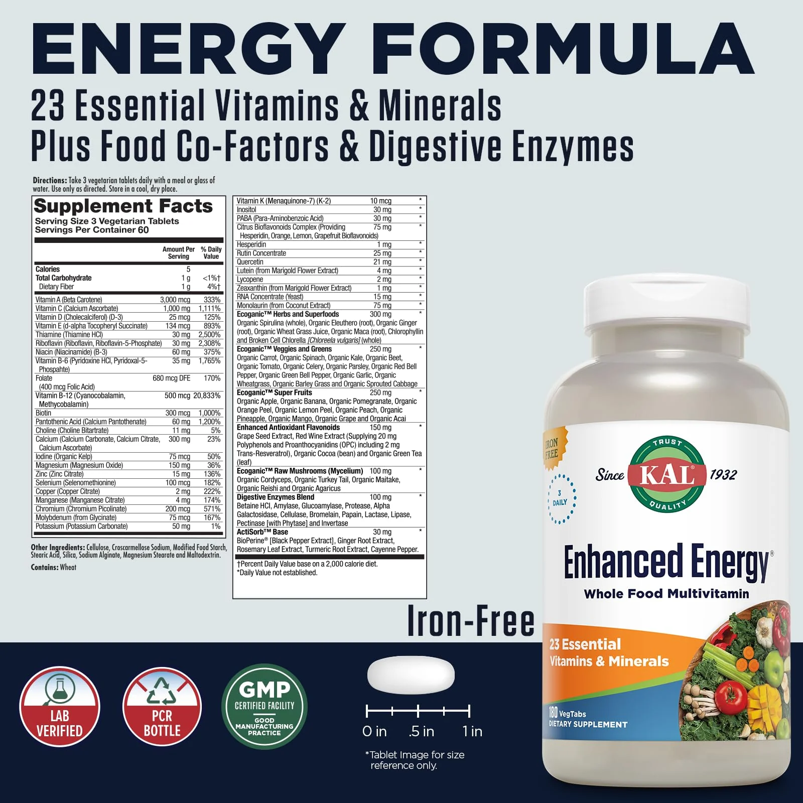 KAL® Enhanced Energy Multivitamin – Whole-Food Based Vitamins & Minerals with Antioxidants, Digestive Enzymes & Natural Carotenoids | 180 Capsules - Image 8