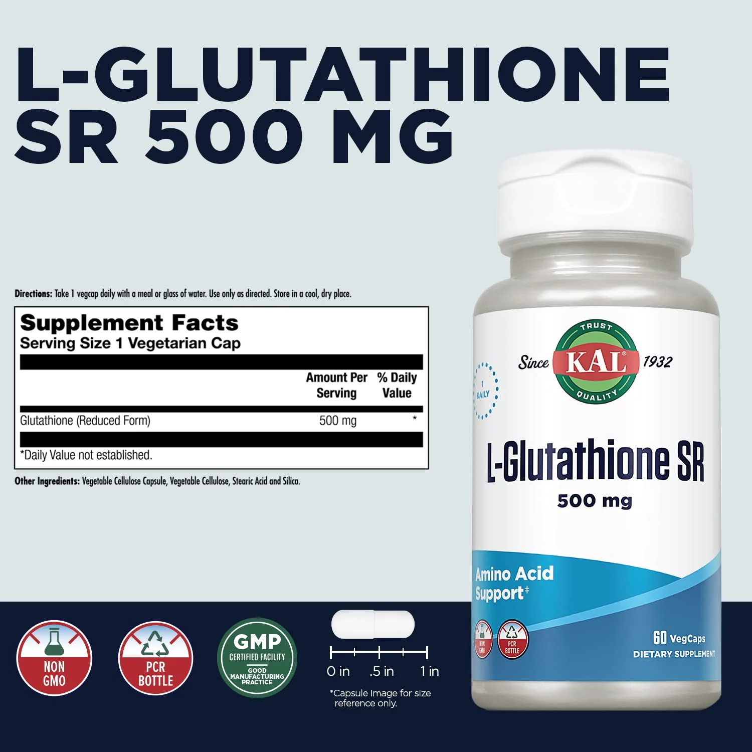 KAL L-Glutathione SR – Reduced GSH 500 mg | Lab Verified | 60 Servings | 60 VegCaps - Image 2