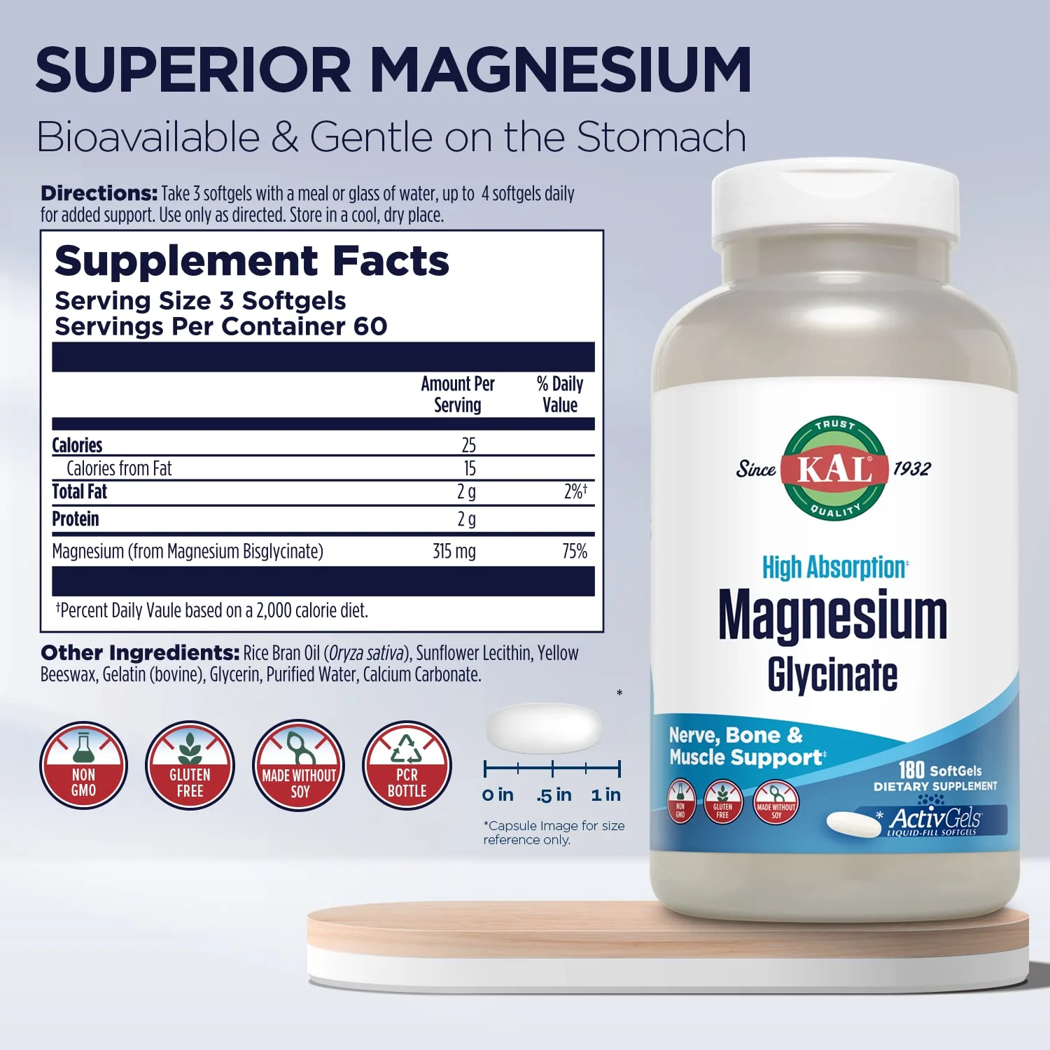 KAL Magnesium Glycinate ActivGels 315mg — Fully Chelated, High Absorption Magnesium Supplement (60 Servings) - Image 3
