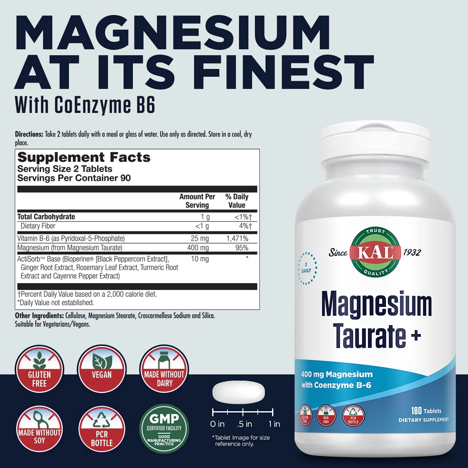 KAL Magnesium Taurate Plus 400mg with Coenzyme B6 – Vegan, Gluten Free, 180 Tablets - Image 2