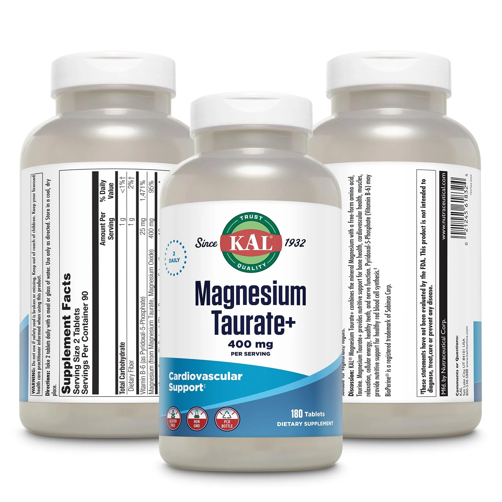 KAL Magnesium Taurate Plus 400mg with Coenzyme B6 – Vegan, Gluten Free, 180 Tablets - Image 3