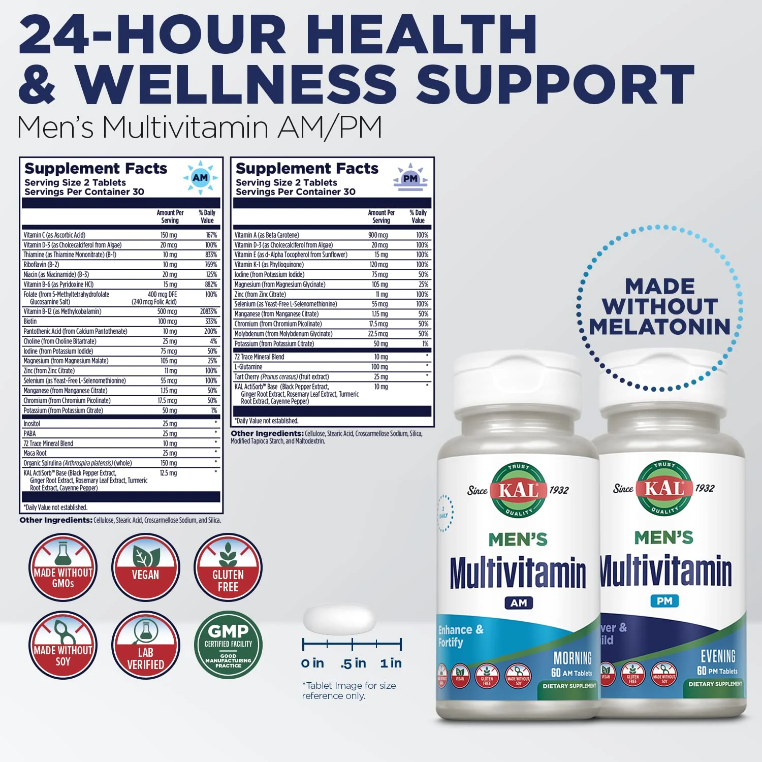 KAL Men's Multivitamin AM/PM – 24-Hour Support for Immune, Muscle & Wellness | 30 Servings, 120 Tablets - Image 3