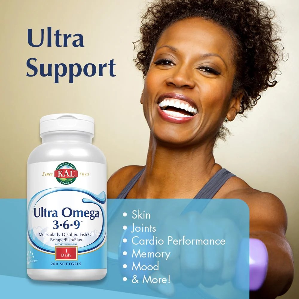 KAL Ultra Omega 3-6-9 1200mg | Fish Oil with Cold-Pressed Flaxseed & Borage Oil | 200 Softgels - Image 8