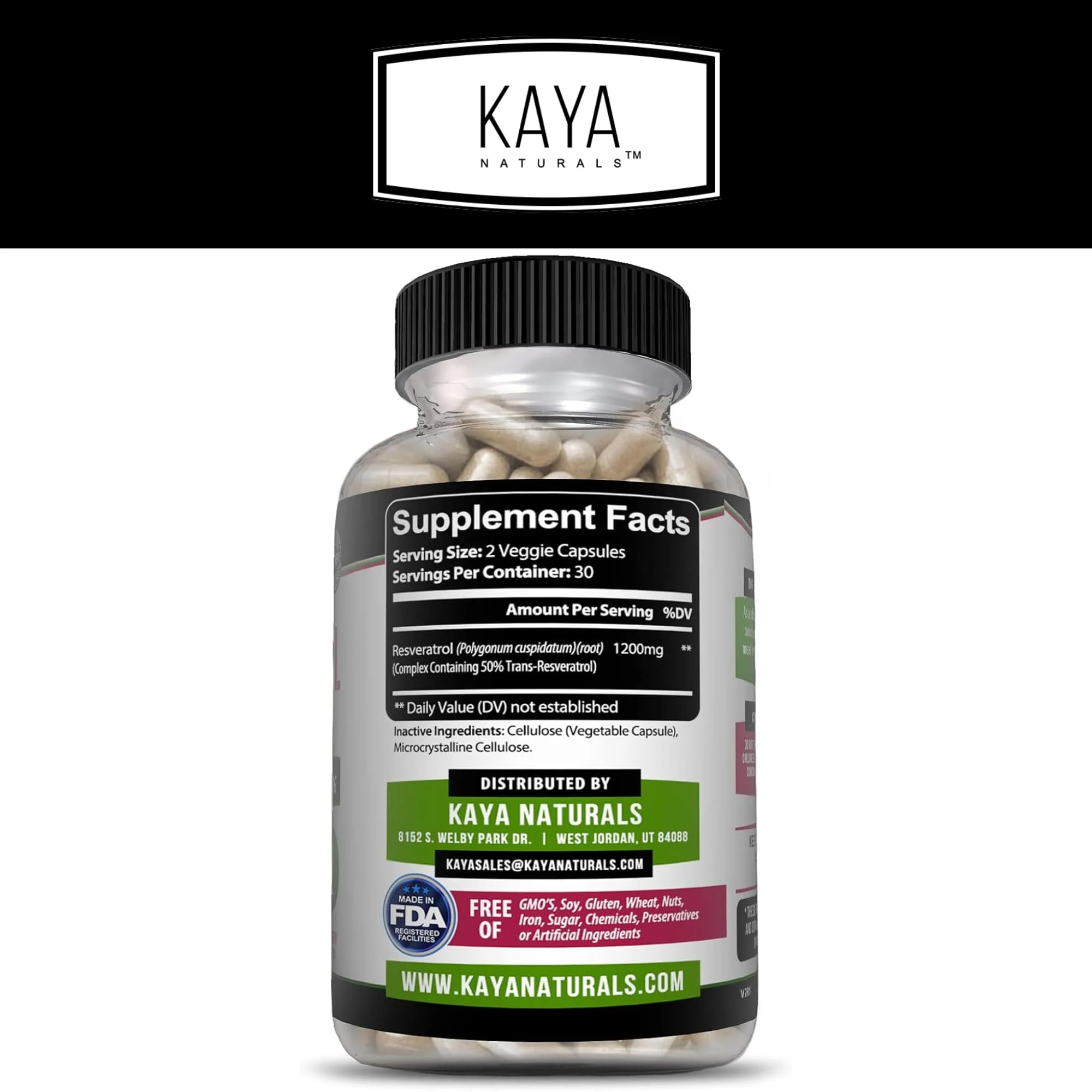 Kaya Naturals Resveratrol Capsules - Anti-Aging Antioxidants with Brain Support | 60 Veggie Capsules per Bottle (Pack of 6) - Image 2