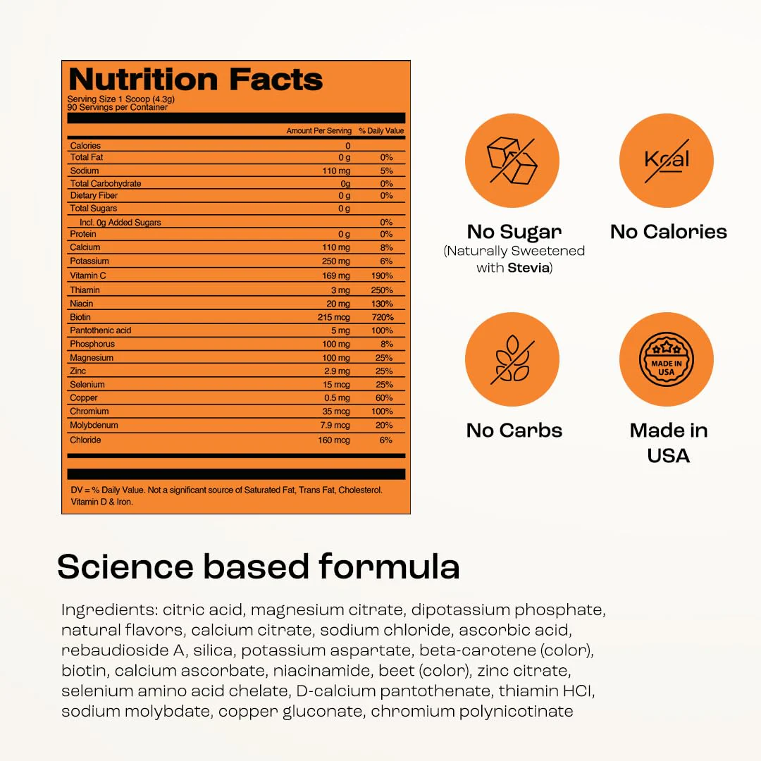 KEY NUTRIENTS Multivitamin Electrolytes Powder No Sugar - Tangy Orange Electrolyte Powder | Hydration & Energy - Made in USA - 90 Servings - Image 3