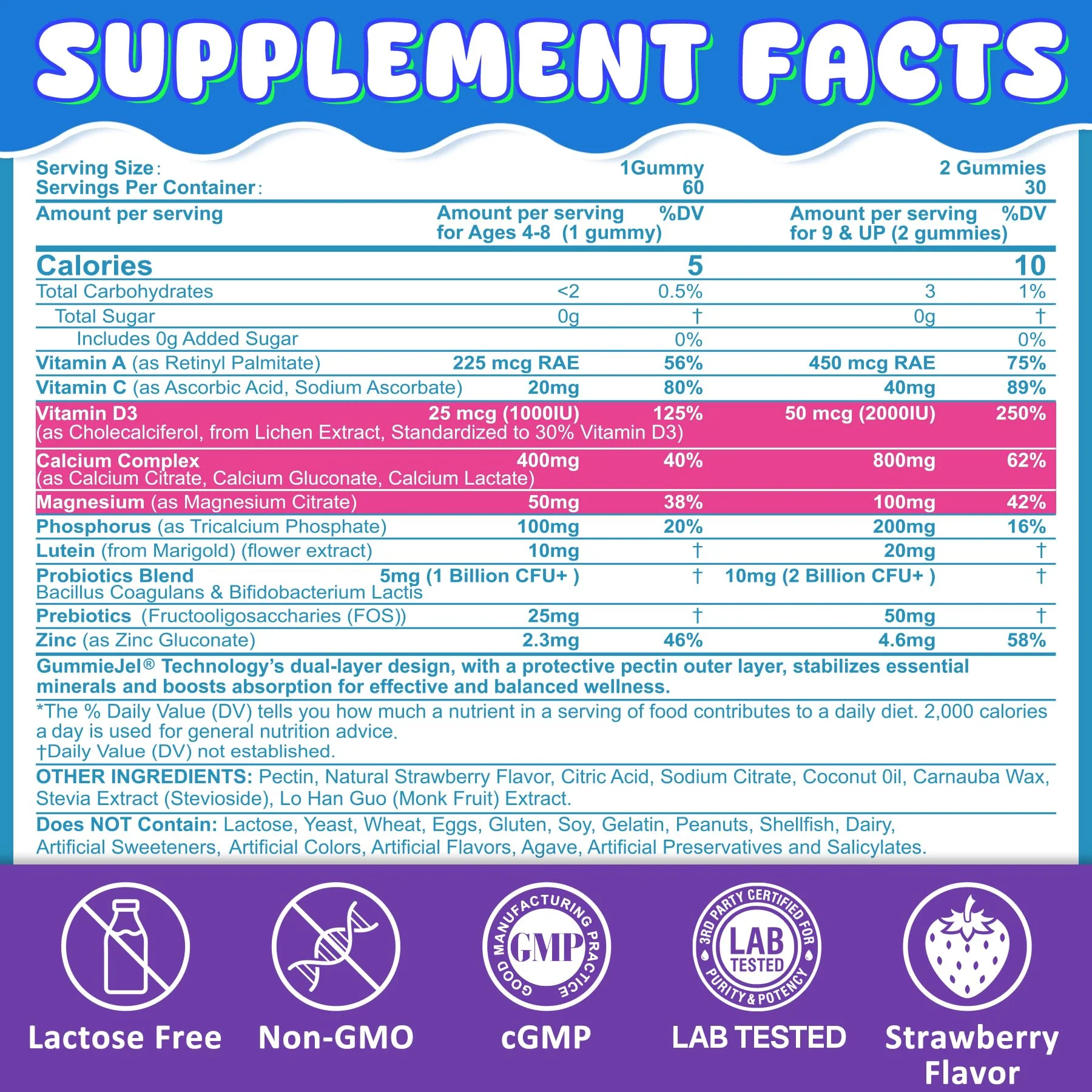 Kids Calcium Gummies + D3 & Magnesium for 4+ (60 Count) – Sugar Free, Probiotics & Prebiotics - Image 2