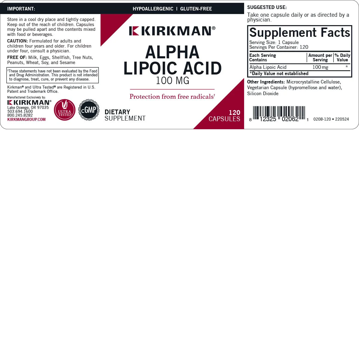 Kirkman Alpha Lipoic Acid 100 mg - Hypoallergenic | 120 Vegetarian Capsules - Image 3