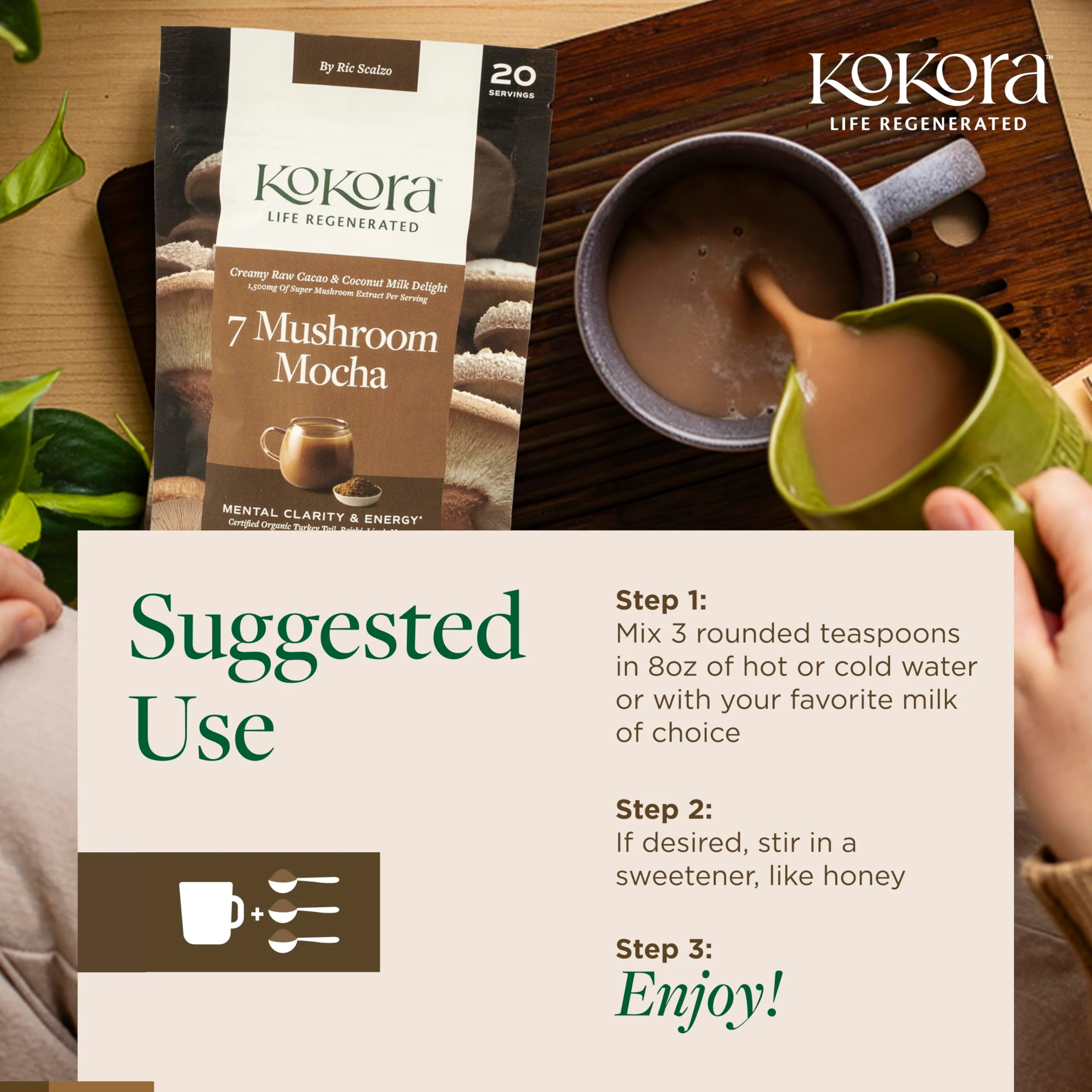 Kokora 7 Mushroom Mocha Organic Adaptogenic Powder: Lion's Mane & Turkey Tail - Image 2