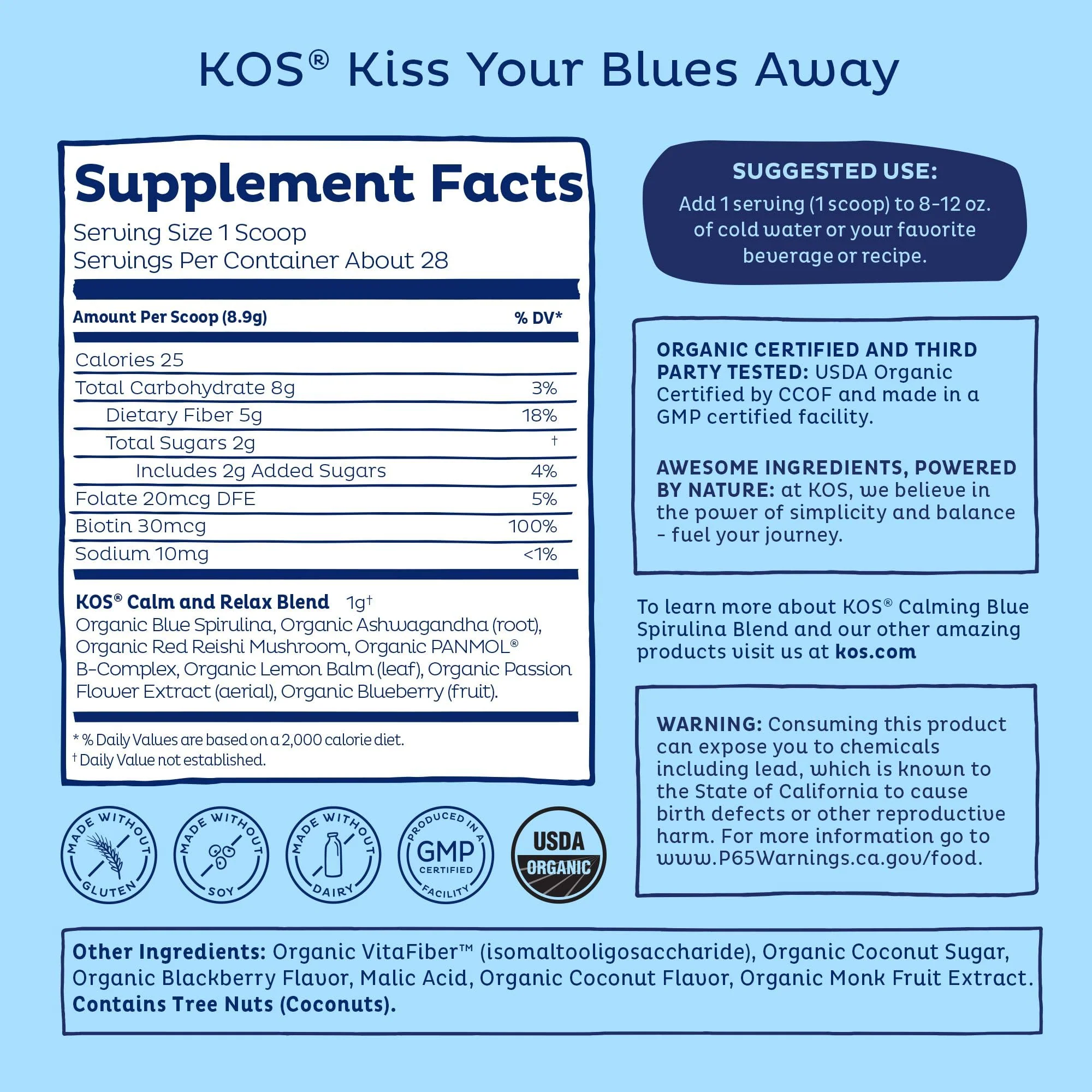 KOS Calming Blue Spirulina Blend - USDA Organic Algae Superfood Powder with Ashwagandha, Lemon Balm, Reishi - Berry Coconut Cooler, 28 Servings - Image 3